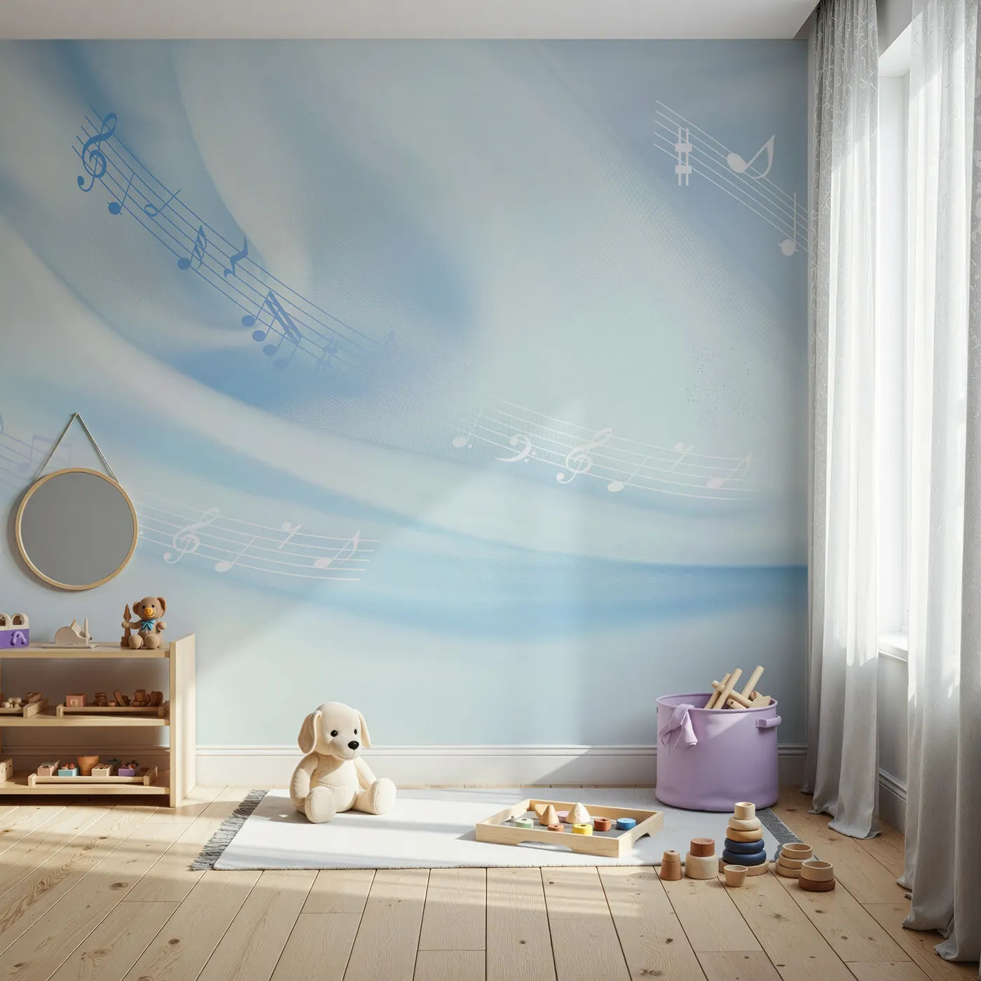 Front view of Whimsy Tots' Gentle Melody Wall Mural in Blue