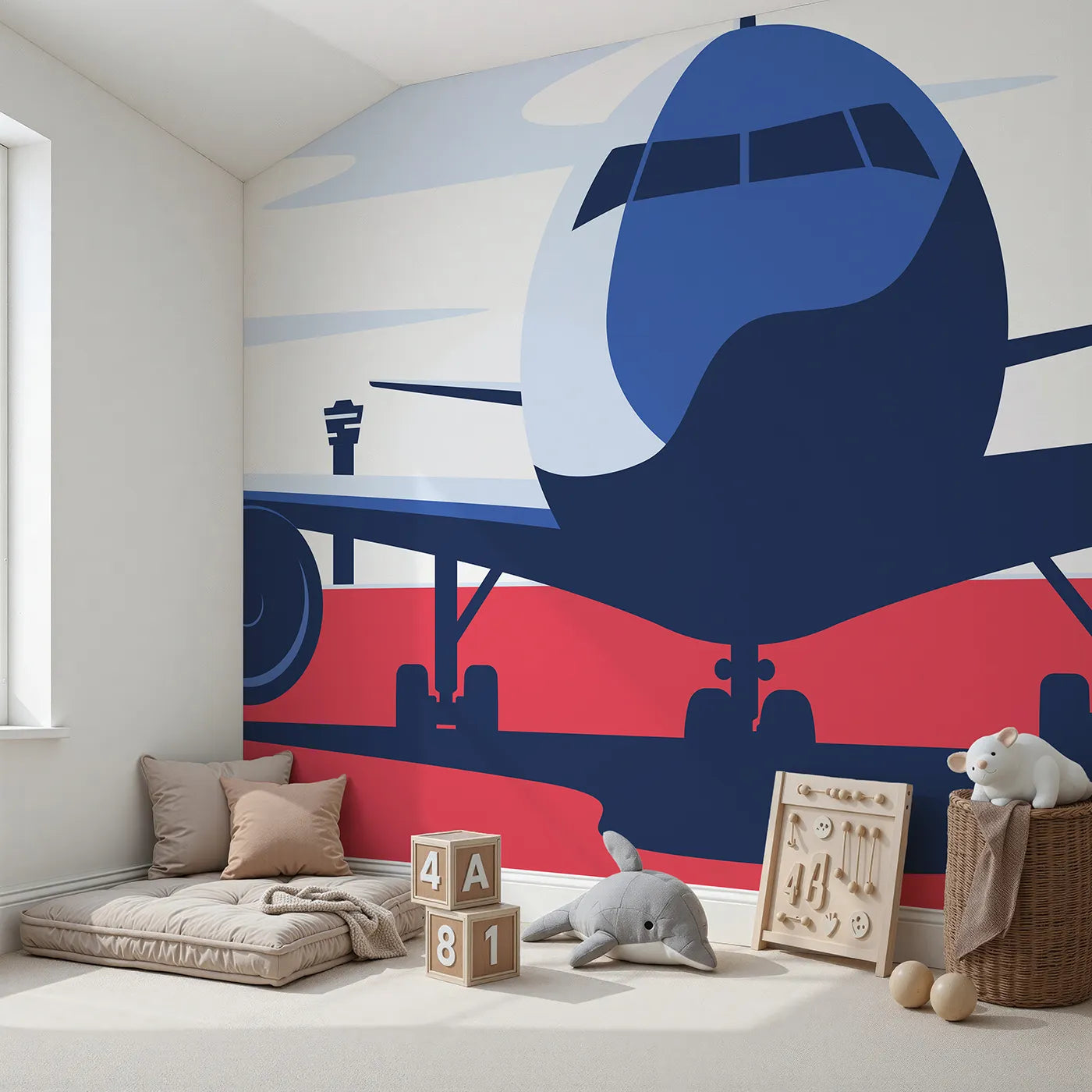 Angled view of Whimsy Tots' Retro Airport View Wall Mural in Red (Turn Their Room into a Cool, Graphic Travel Hub).Gender-Neutral