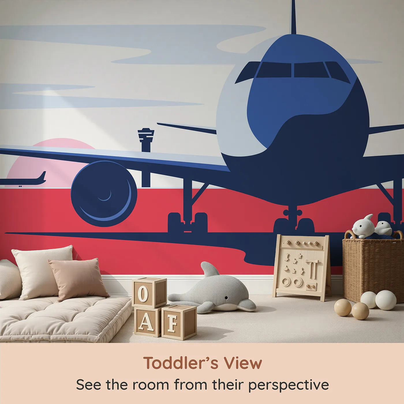 Whimsy Tots Retro Airport View Wall Mural in Red (Turn Their Room into a Cool, Graphic Travel Hub) from your child's view.Gender-Neutral