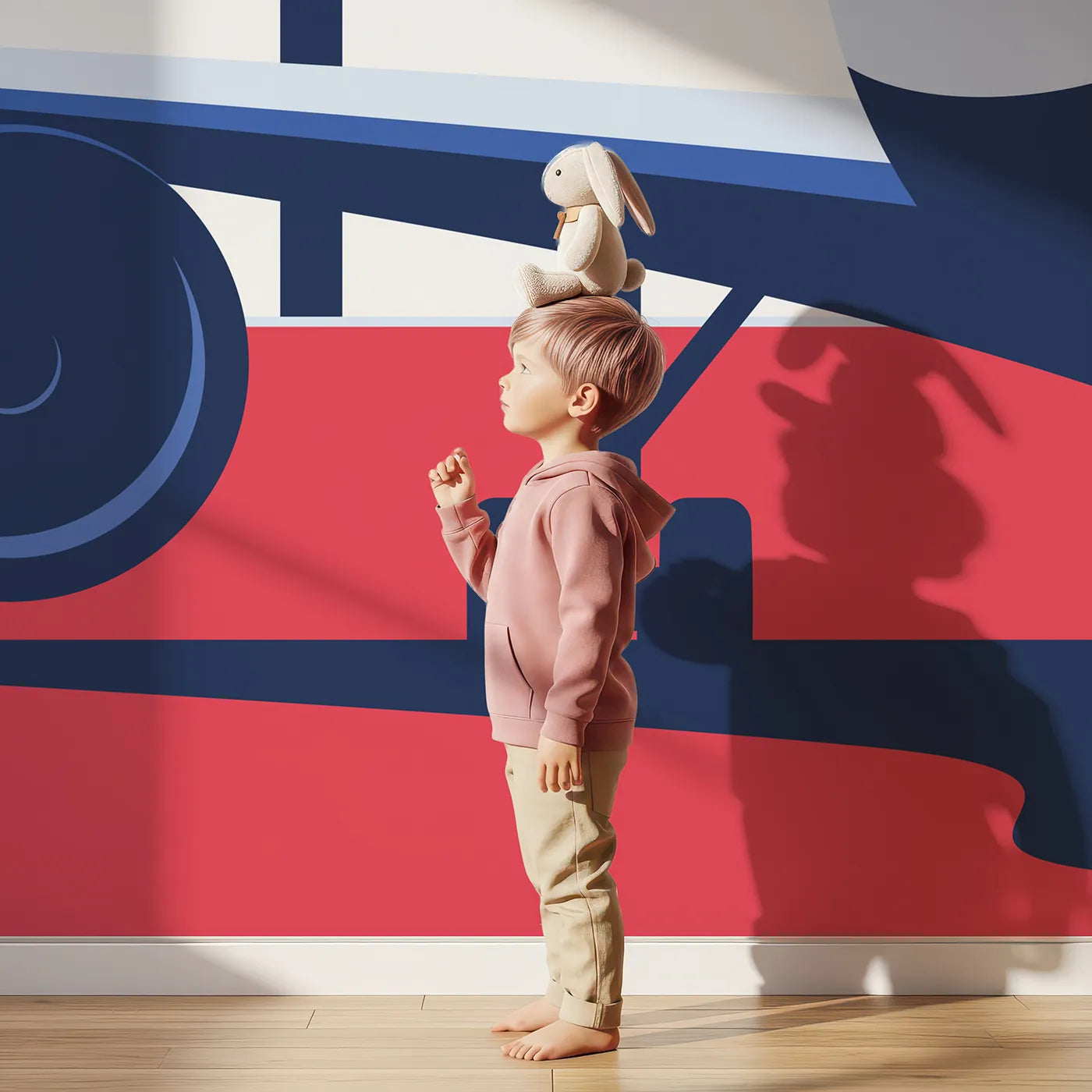 Child in front of Whimsy Tots Retro Airport View Wall Mural in Red with airplane, airport, plane, travel, retro, red, blue, cockpit in design.