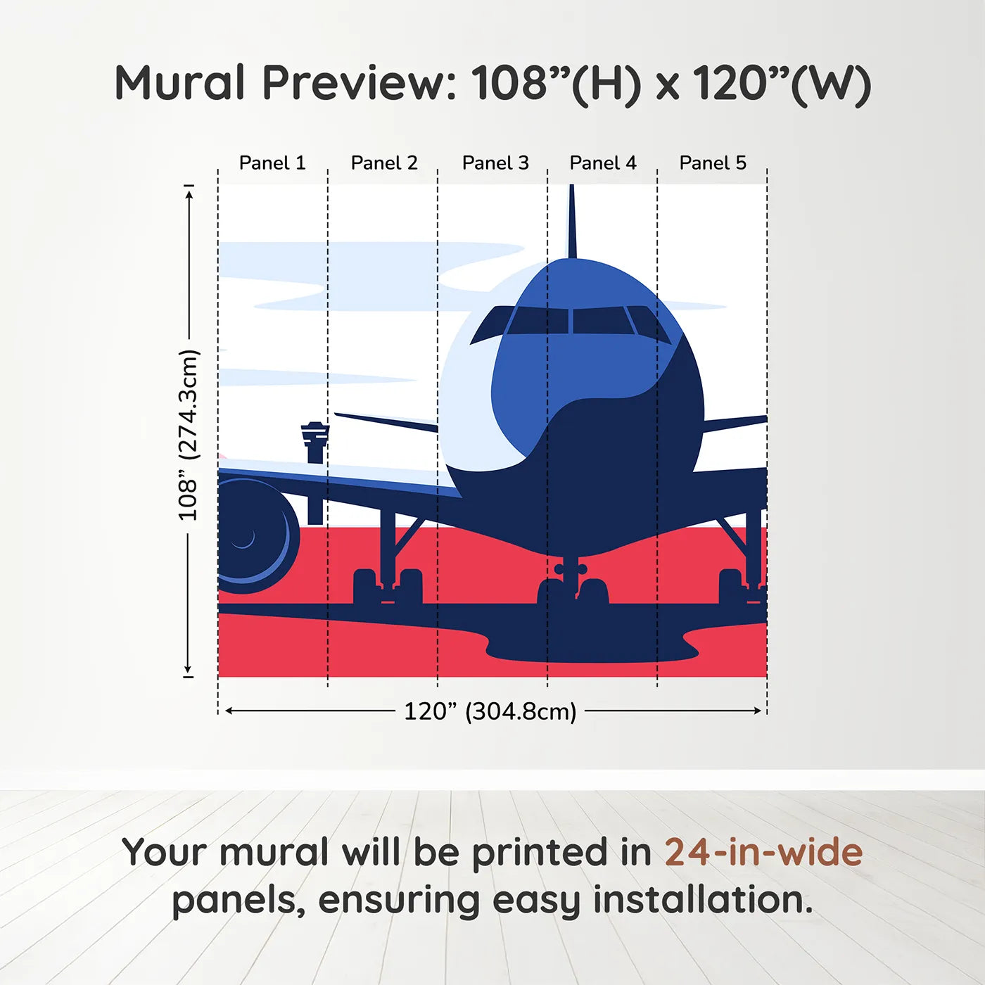 Whimsy Tots Retro Airport View Wall Mural in Reddimension view (108" H x 120" W). Printed in five 24-inch-wide panels. Gender-Neutral