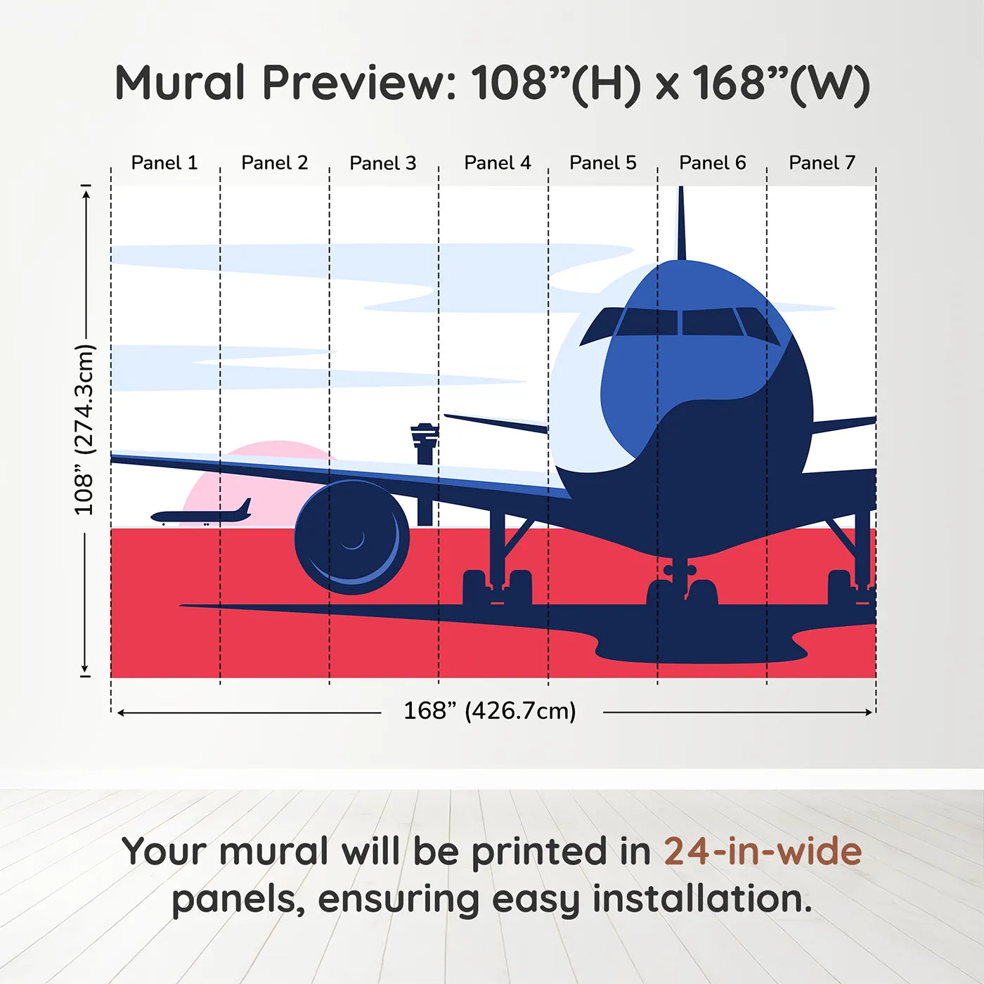 Whimsy Tots Retro Airport View Wall Mural in Reddimension view (108" H x 168" W). Printed in seven 24-inch-wide panels. Gender-Neutral