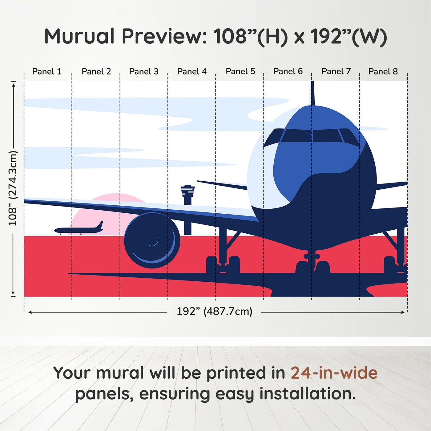 Whimsy Tots Retro Airport View Wall Mural in Reddimension view (108" H x 192" W). Printed in eight 24-inch-wide panels. Gender-Neutral
