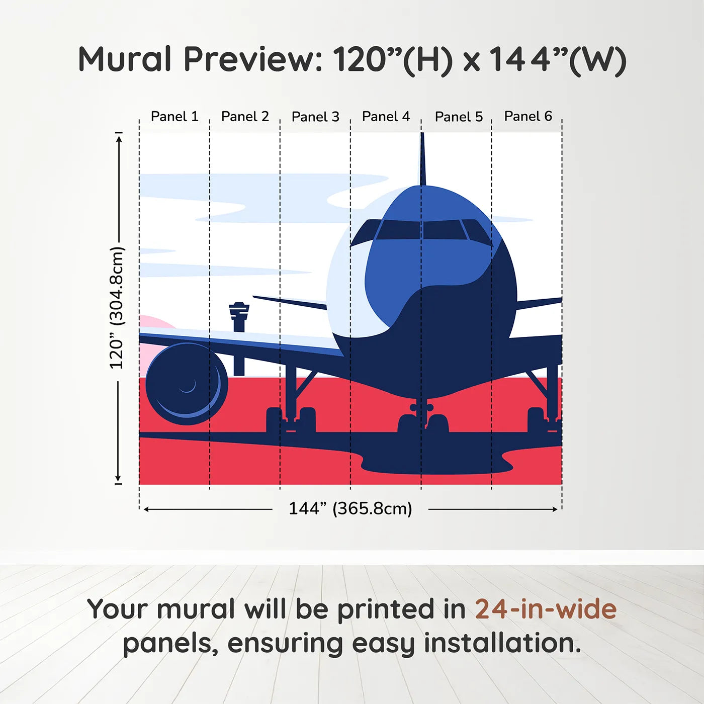 Whimsy Tots Retro Airport View Wall Mural in Reddimension view (120" H x 144" W). Printed in six 24-inch-wide panels. Gender-Neutral