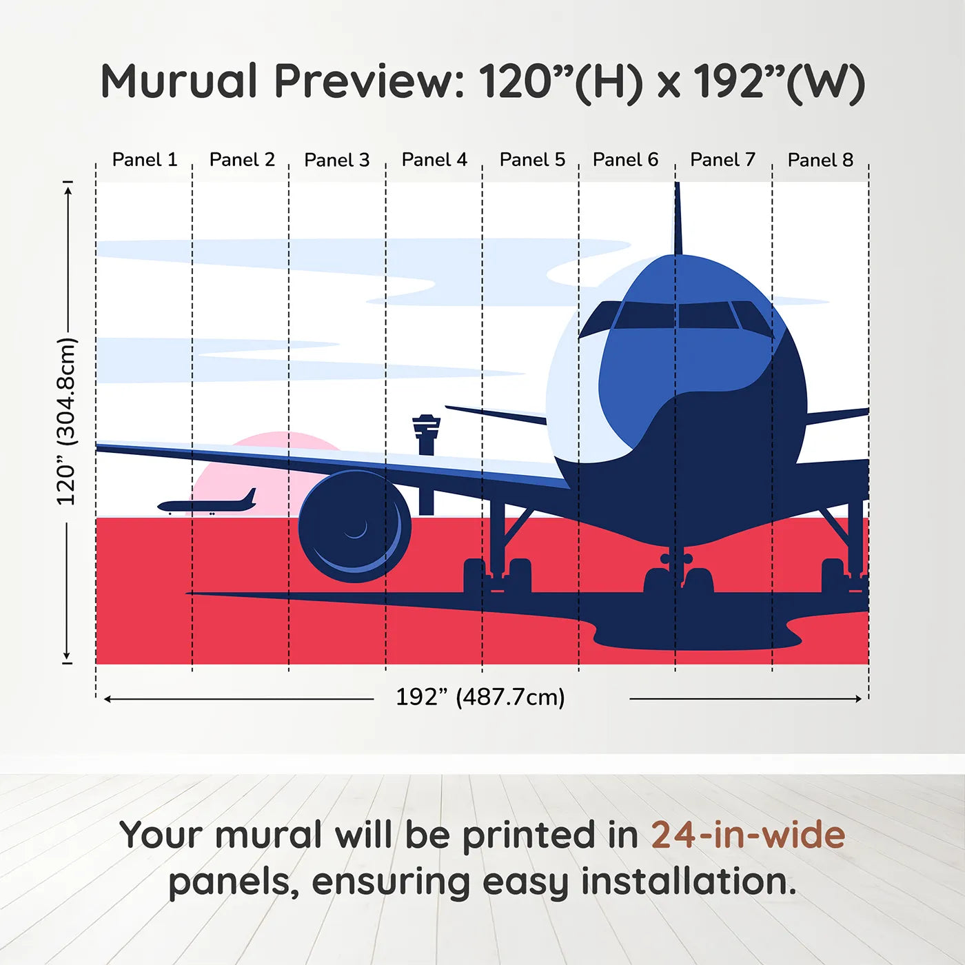 Whimsy Tots Retro Airport View Wall Mural in Reddimension view (120" H x 192" W). Printed in eight 24-inch-wide panels. Gender-Neutral