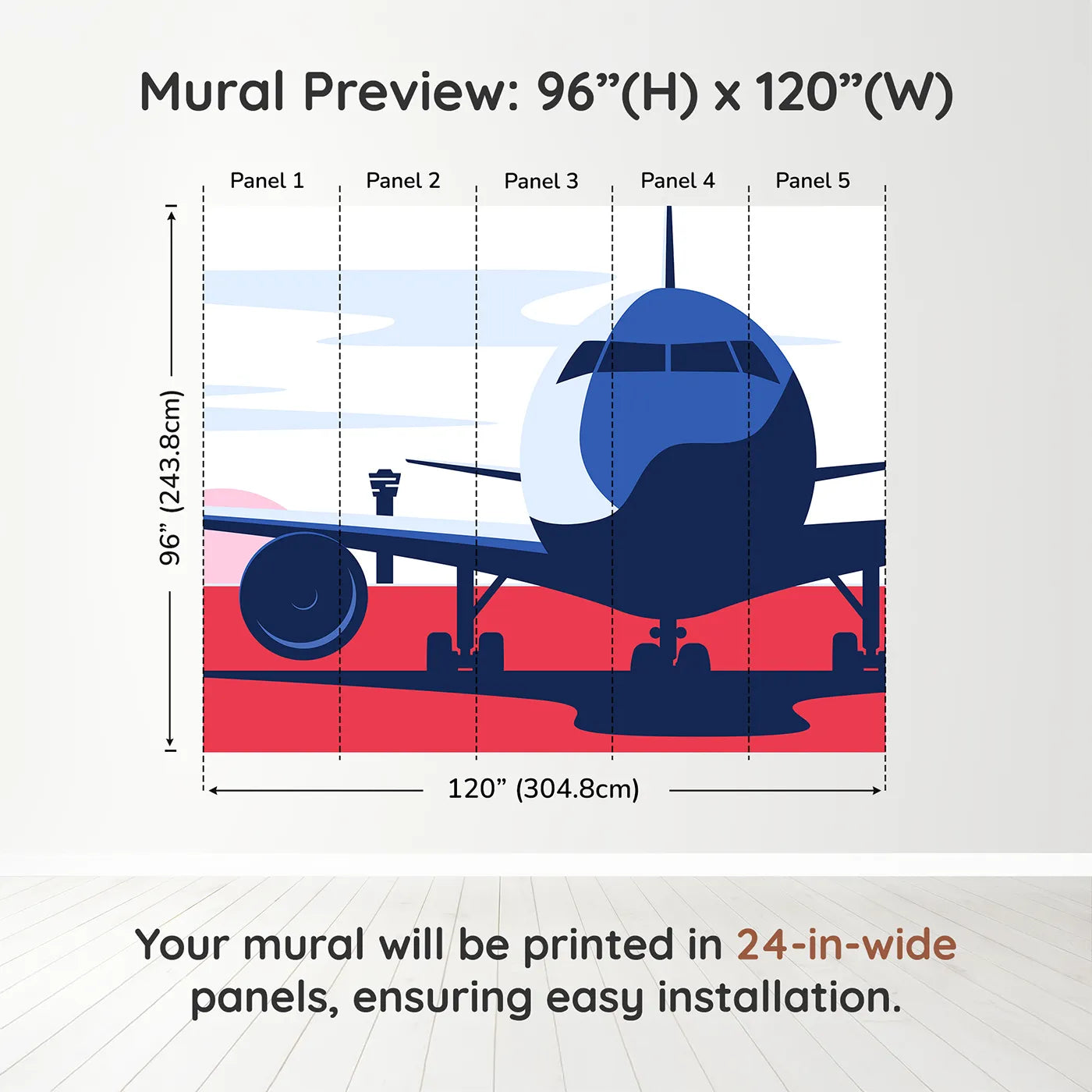 Whimsy Tots Retro Airport View Wall Mural in Reddimension view (96" H x 120" W). Printed in five 24-inch-wide panels. Gender-Neutral