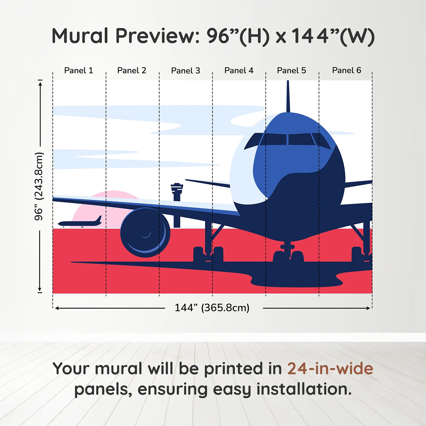 Whimsy Tots Retro Airport View Wall Mural in Reddimension view (96" H x 144" W). Printed in six 24-inch-wide panels. Gender-Neutral