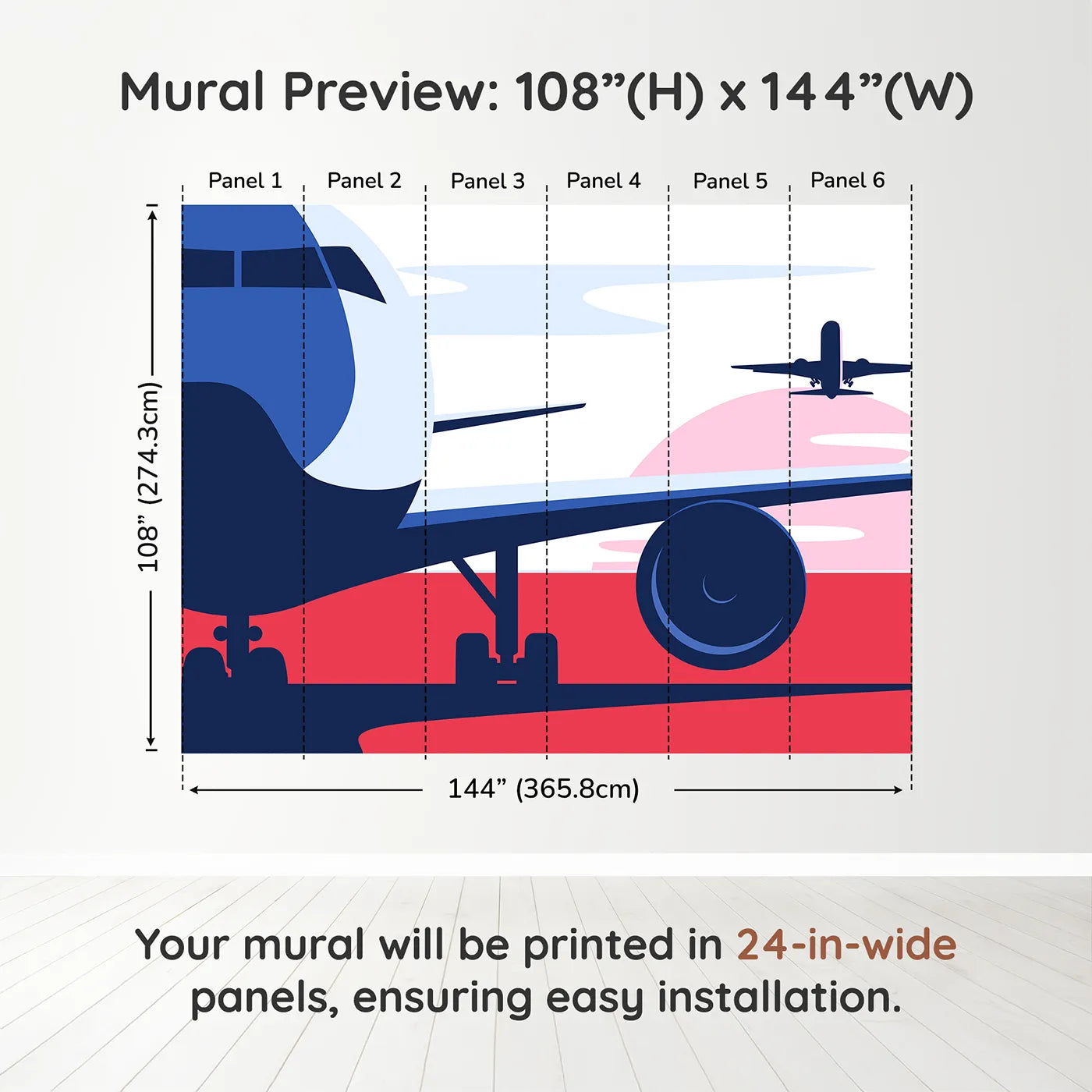 Whimsy Tots Retro Airport View Wall Mural in Pinkdimension view (108" H x 144" W). Printed in six 24-inch-wide panels. Gender-Neutral