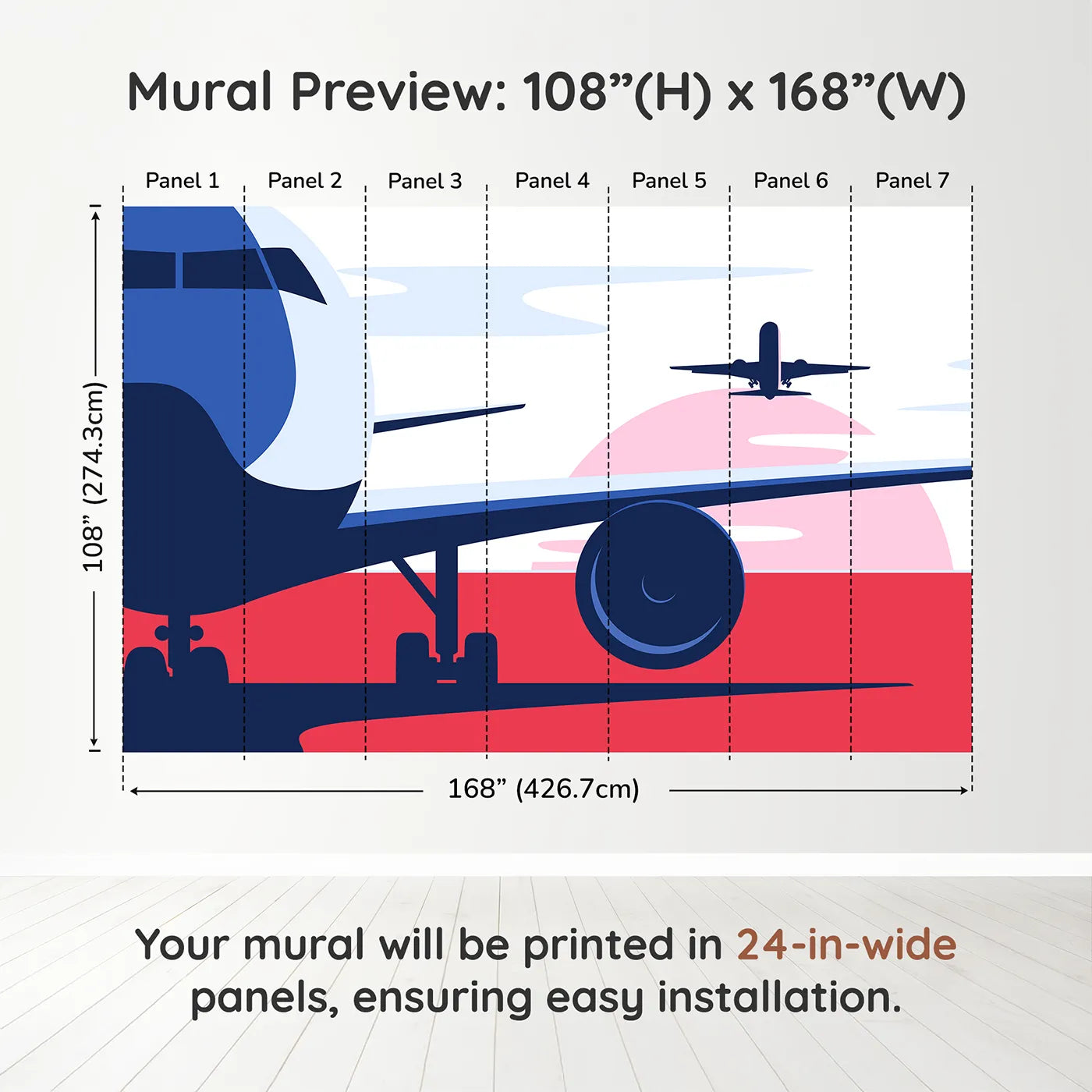 Whimsy Tots Retro Airport View Wall Mural in Pinkdimension view (108" H x 168" W). Printed in seven 24-inch-wide panels. Gender-Neutral