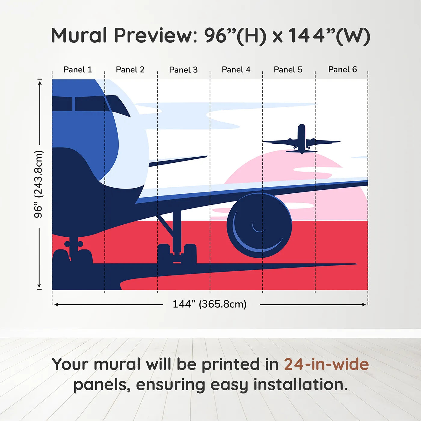 Whimsy Tots Retro Airport View Wall Mural in Pinkdimension view (96" H x 144" W). Printed in six 24-inch-wide panels. Gender-Neutral