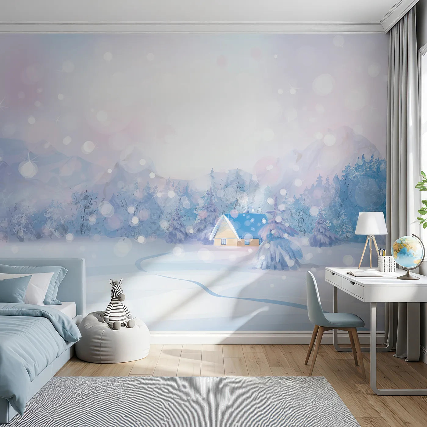 Front view of Whimsy Tots' Magical Winter Night Wall Mural