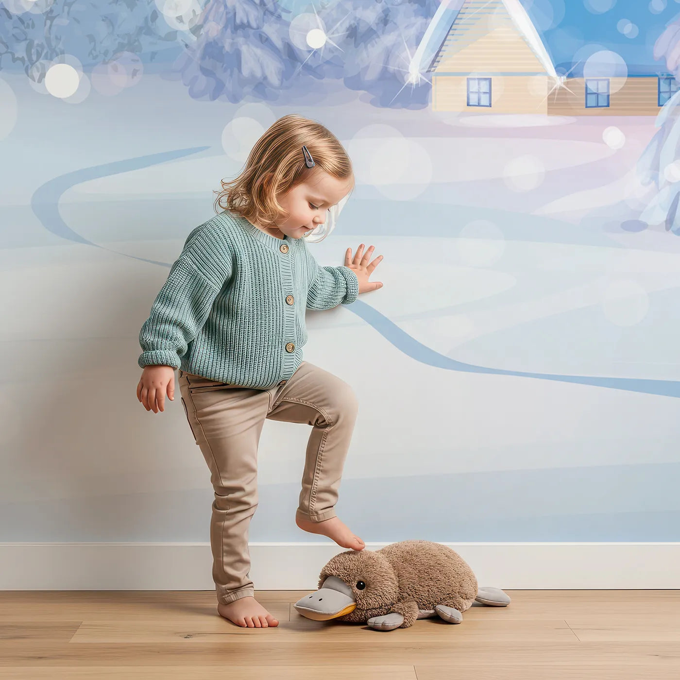 Child in front of Whimsy Tots Magical Winter Night Wall Mural with winter, snow, cabin, mountain, sparkle, light, pink, blue in design.