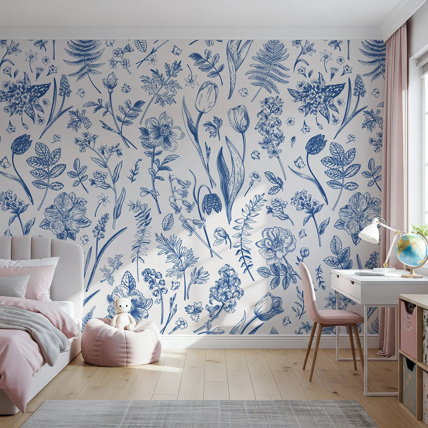 Front view of Whimsy Tots' Vintage Blue Botanicals Wall Mural