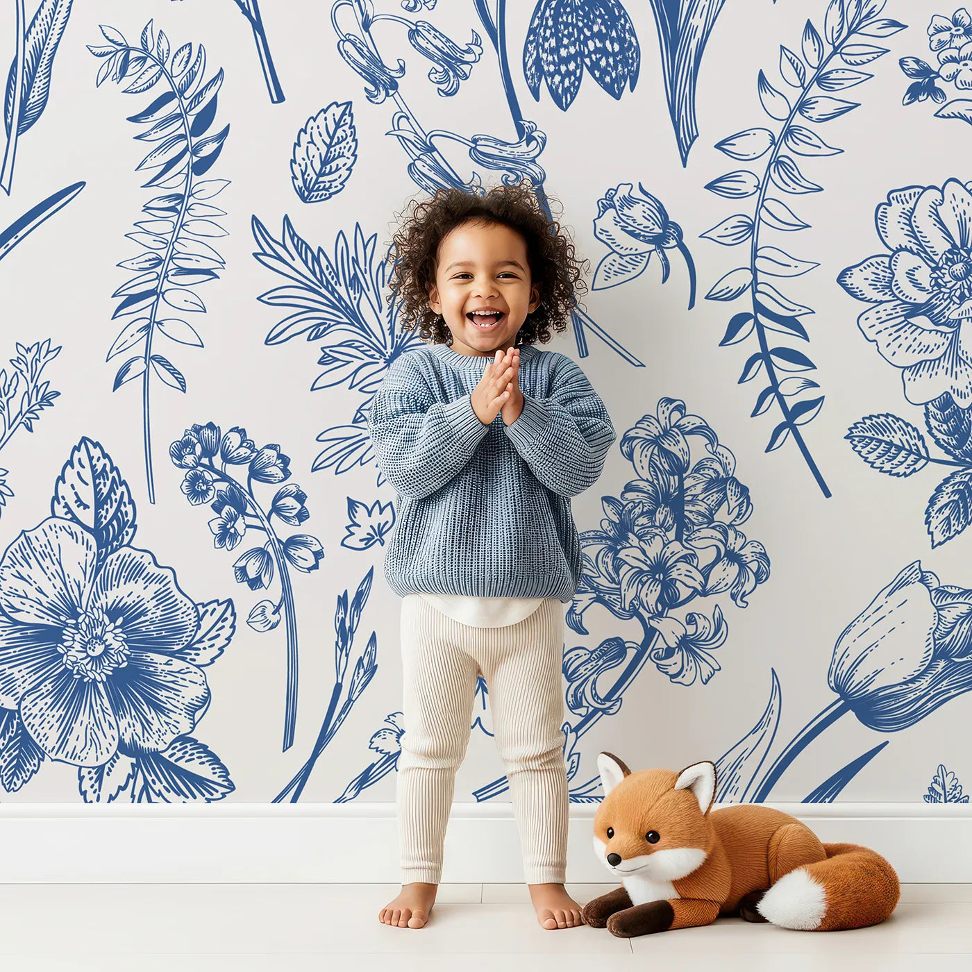 Child in front of Whimsy Tots Vintage Blue Botanicals Wall Mural with floral, botanical, vintage, flower, leaf, blue, toile, sketch in design.