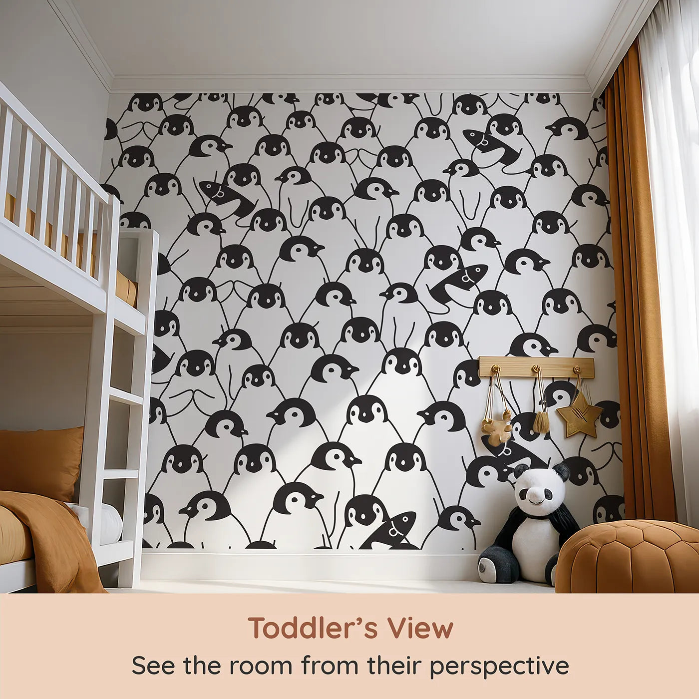 Whimsy Tots Penguin Party Wall Mural (Turn Their Room into a Waddle of Fun) from your child's view.Gender-Neutral
