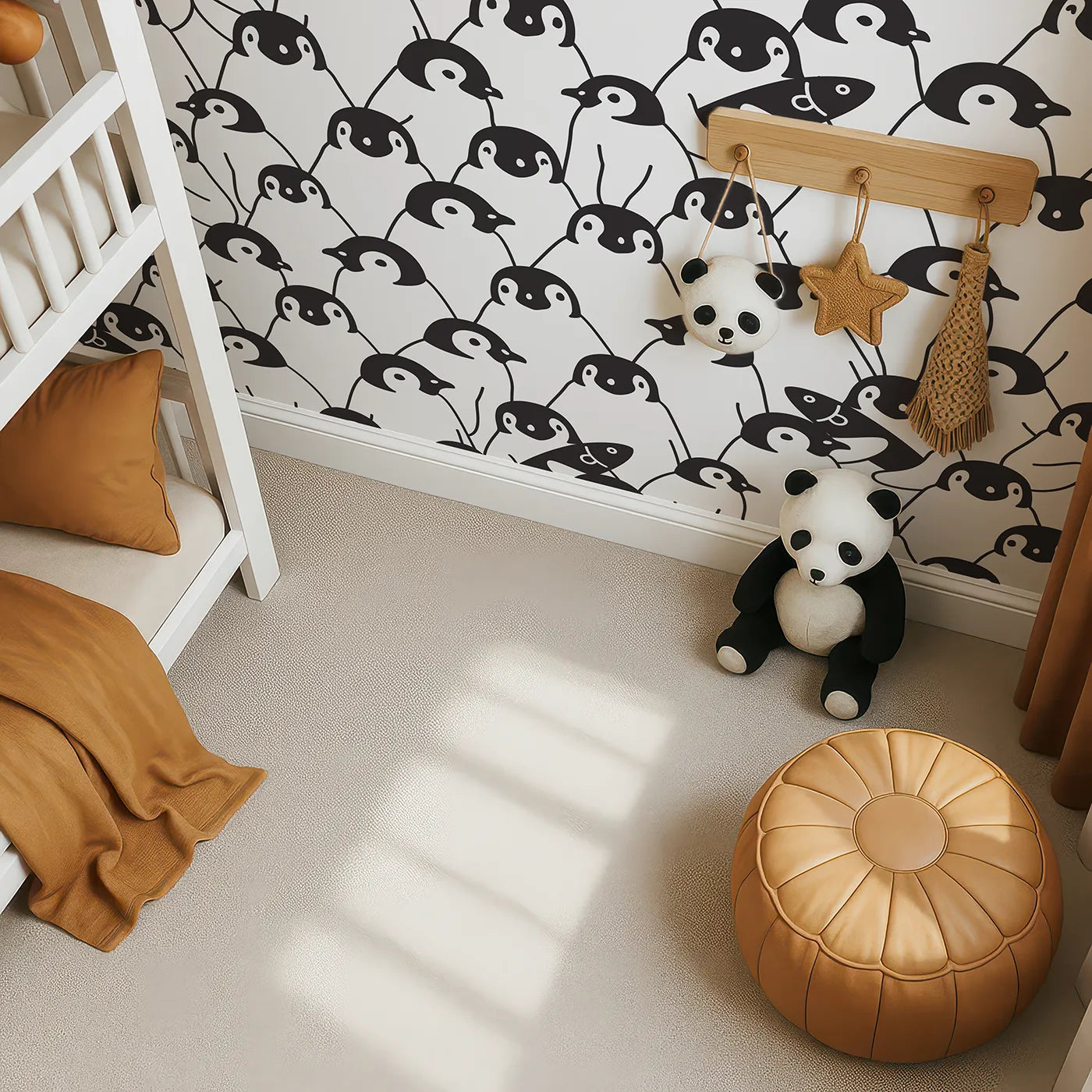 Top-down view of Whimsy Tots' Penguin Party Wall Mural (Turn Their Room into a Waddle of Fun).Gender-Neutral