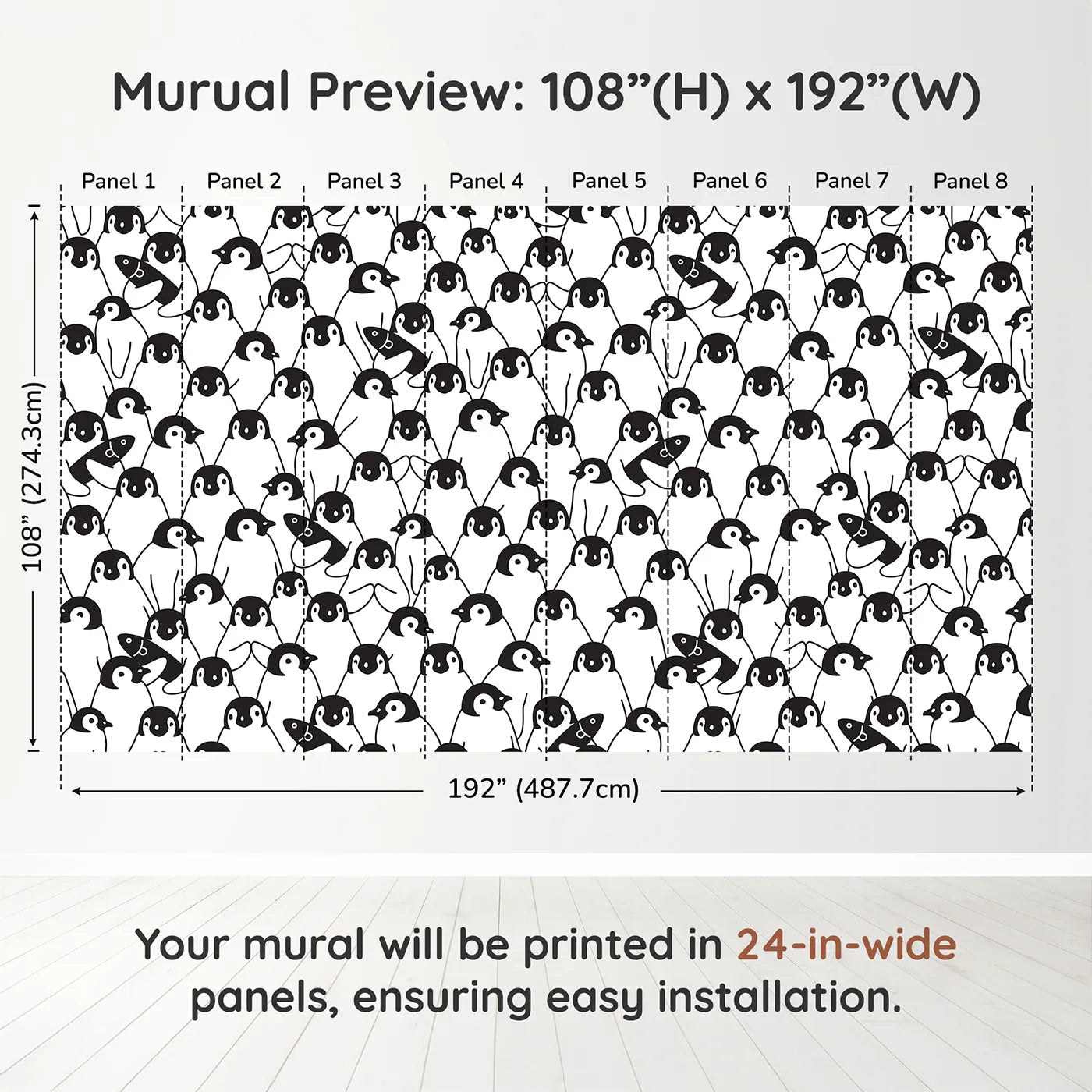 Whimsy Tots Penguin Party Wall Muraldimension view (108" H x 192" W). Printed in eight 24-inch-wide panels. Gender-Neutral