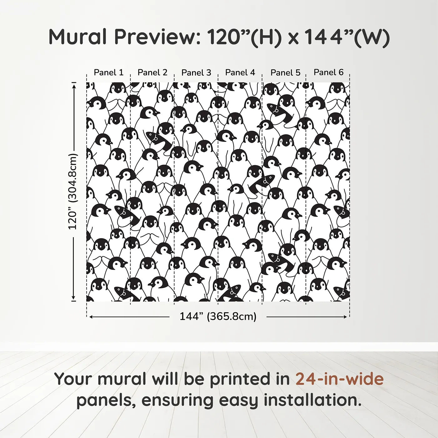 Whimsy Tots Penguin Party Wall Muraldimension view (120" H x 144" W). Printed in six 24-inch-wide panels. Gender-Neutral