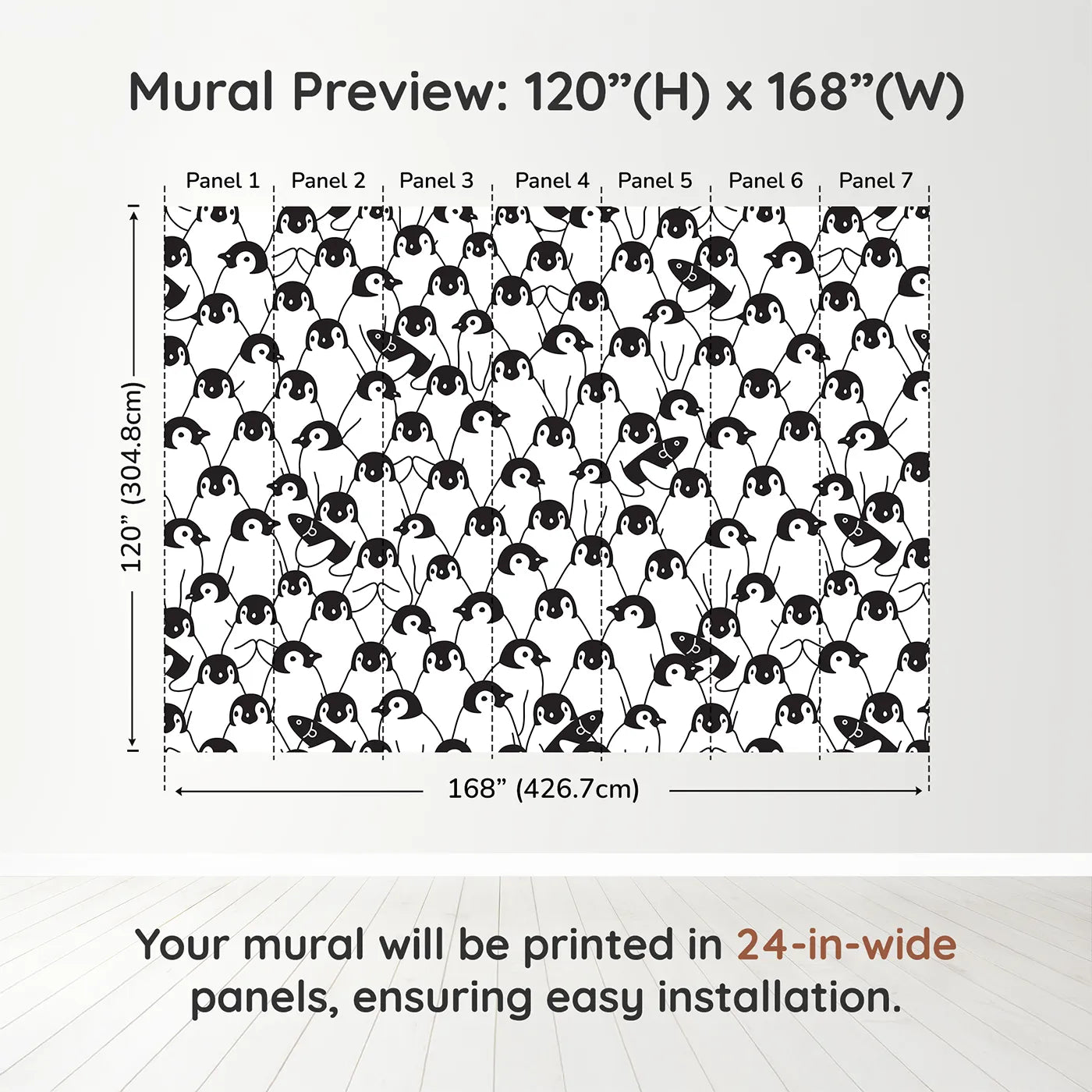 Whimsy Tots Penguin Party Wall Muraldimension view (120" H x 168" W). Printed in seven 24-inch-wide panels. Gender-Neutral