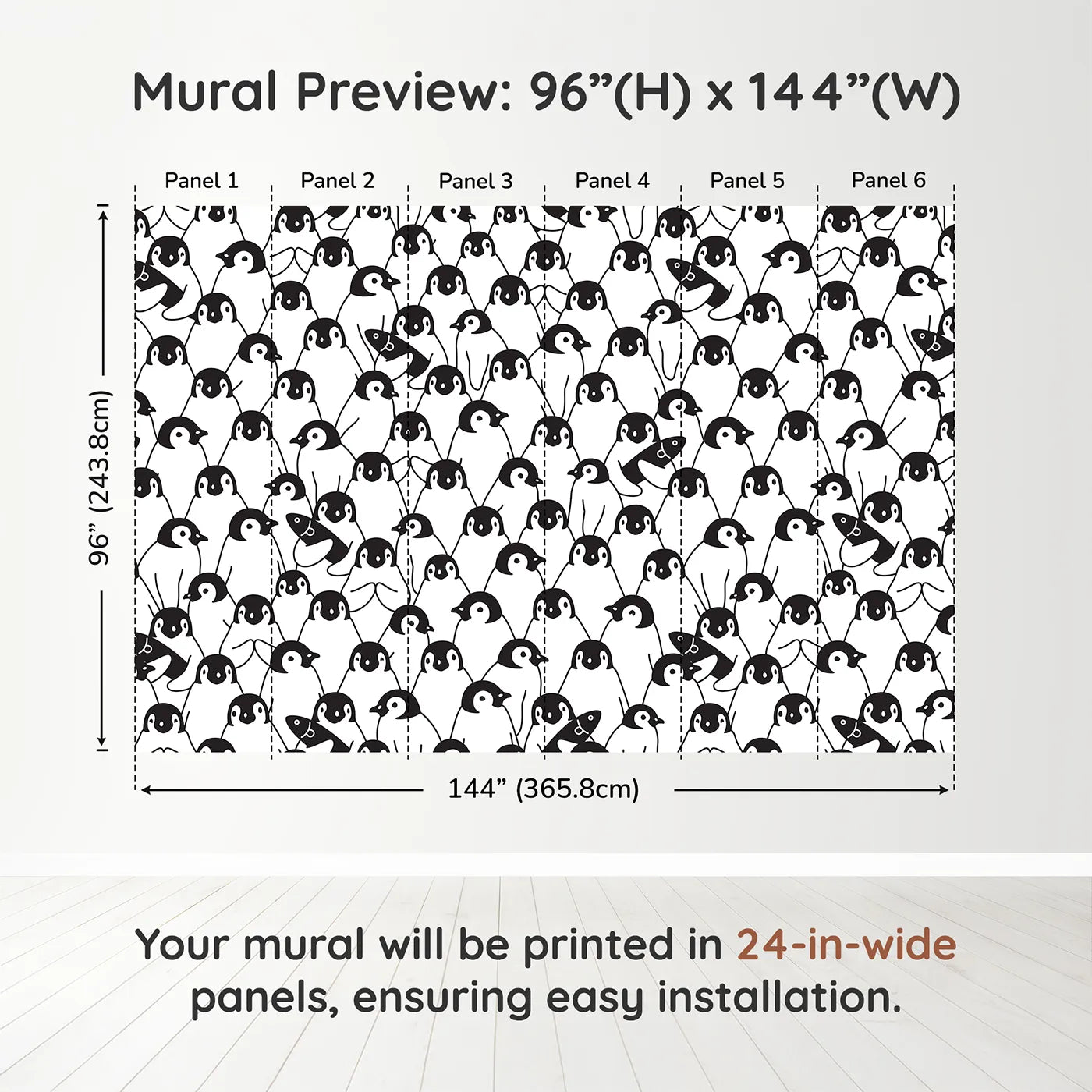 Whimsy Tots Penguin Party Wall Muraldimension view (96" H x 144" W). Printed in six 24-inch-wide panels. Gender-Neutral