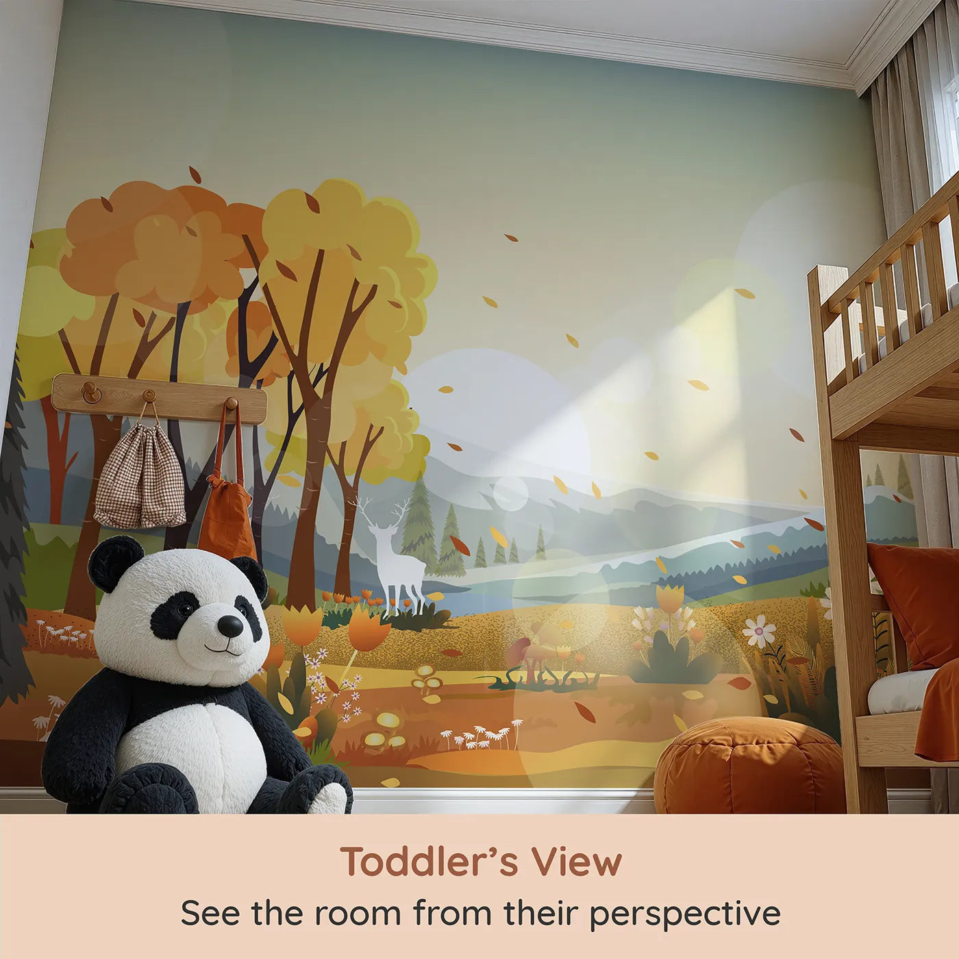 Whimsy Tots Autumn Forest Glow Wall Mural (Turn Their Room into a Golden Autumn Wonderland) from your child's view.Gender-Neutral