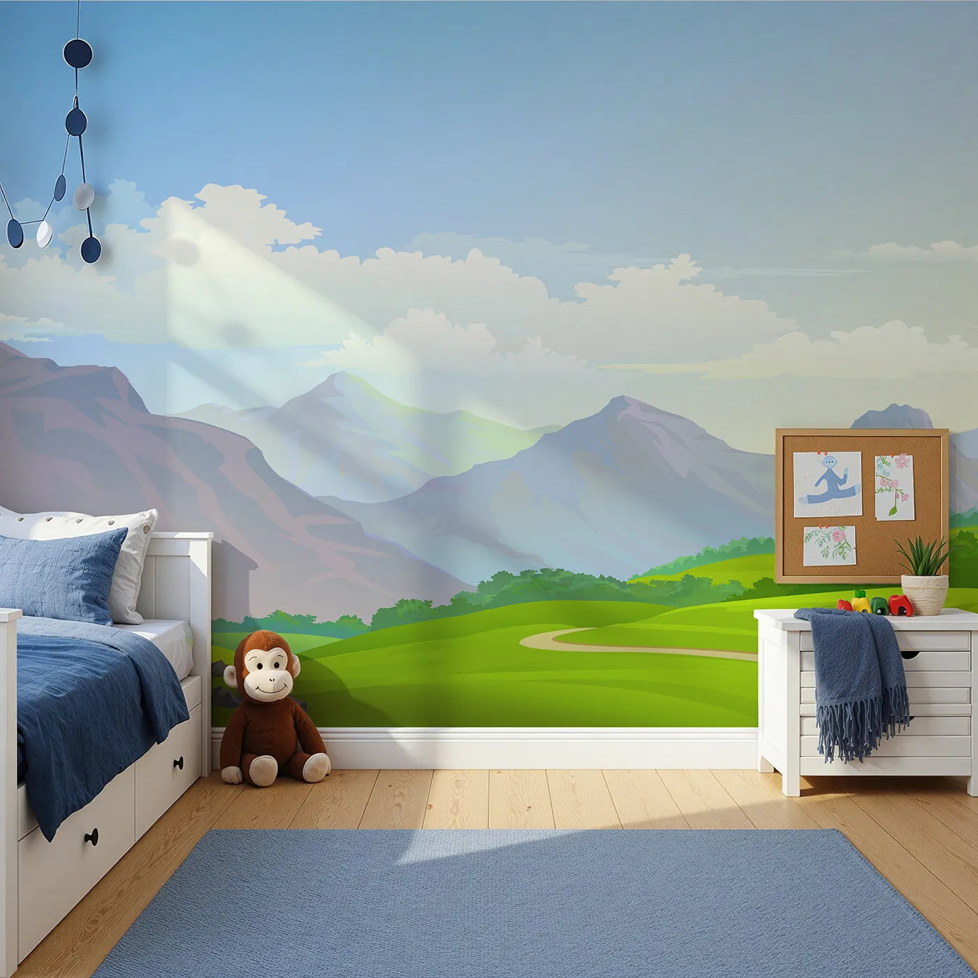 Front view of Whimsy Tots' Rolling Hills Journey Wall Mural