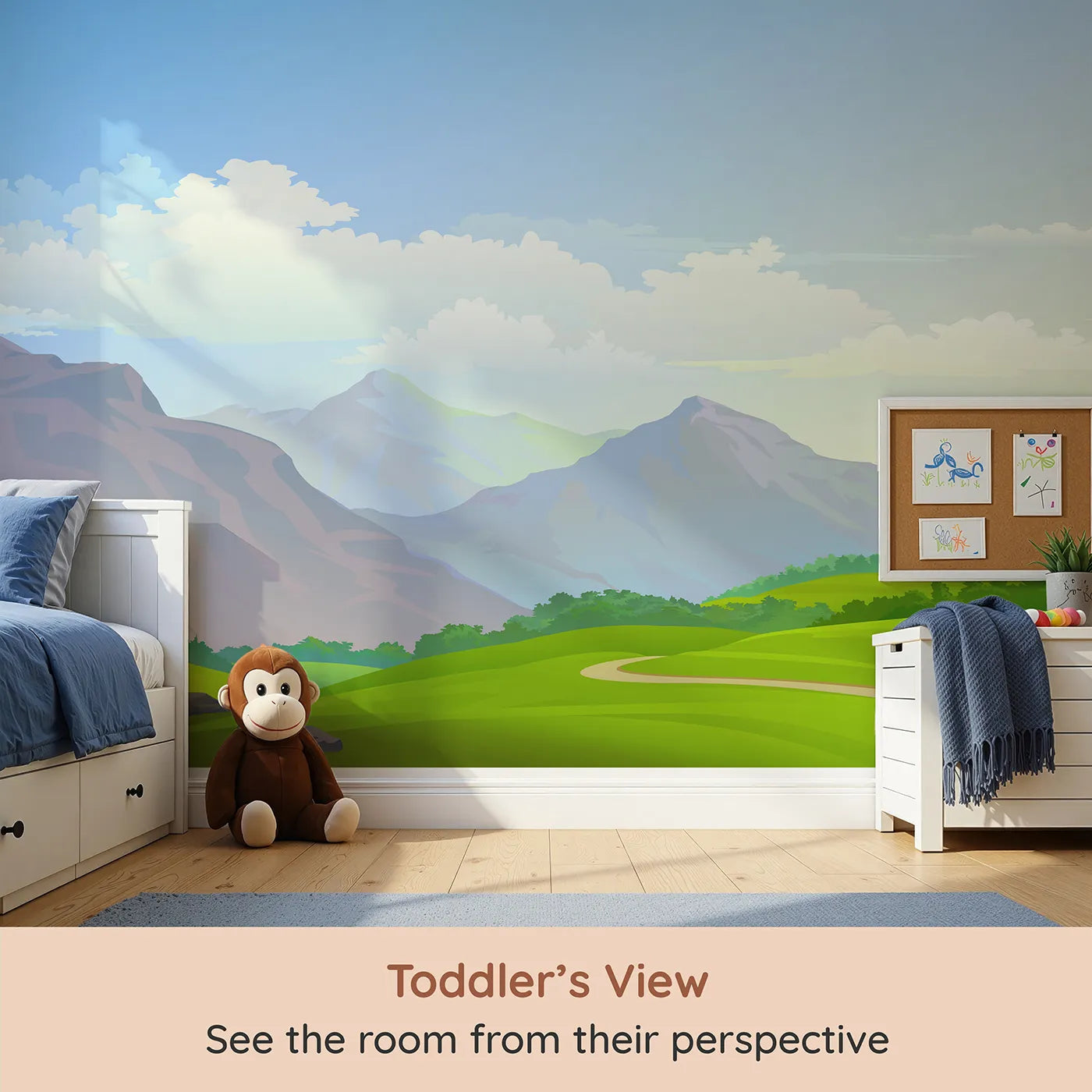 Whimsy Tots Rolling Hills Journey Wall Mural (Turn Their Room into a Vast and Beautiful Landscape) from your child's view.Gender-Neutral