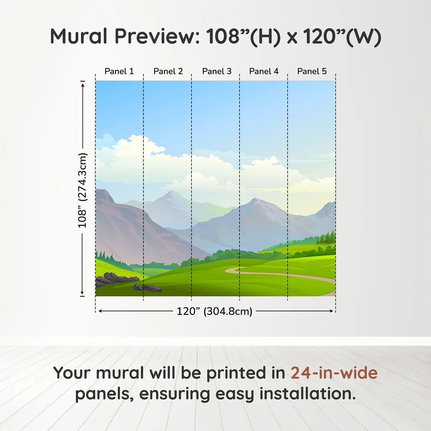 Whimsy Tots Rolling Hills Journey Wall Muraldimension view (108" H x 120" W). Printed in five 24-inch-wide panels. Gender-Neutral