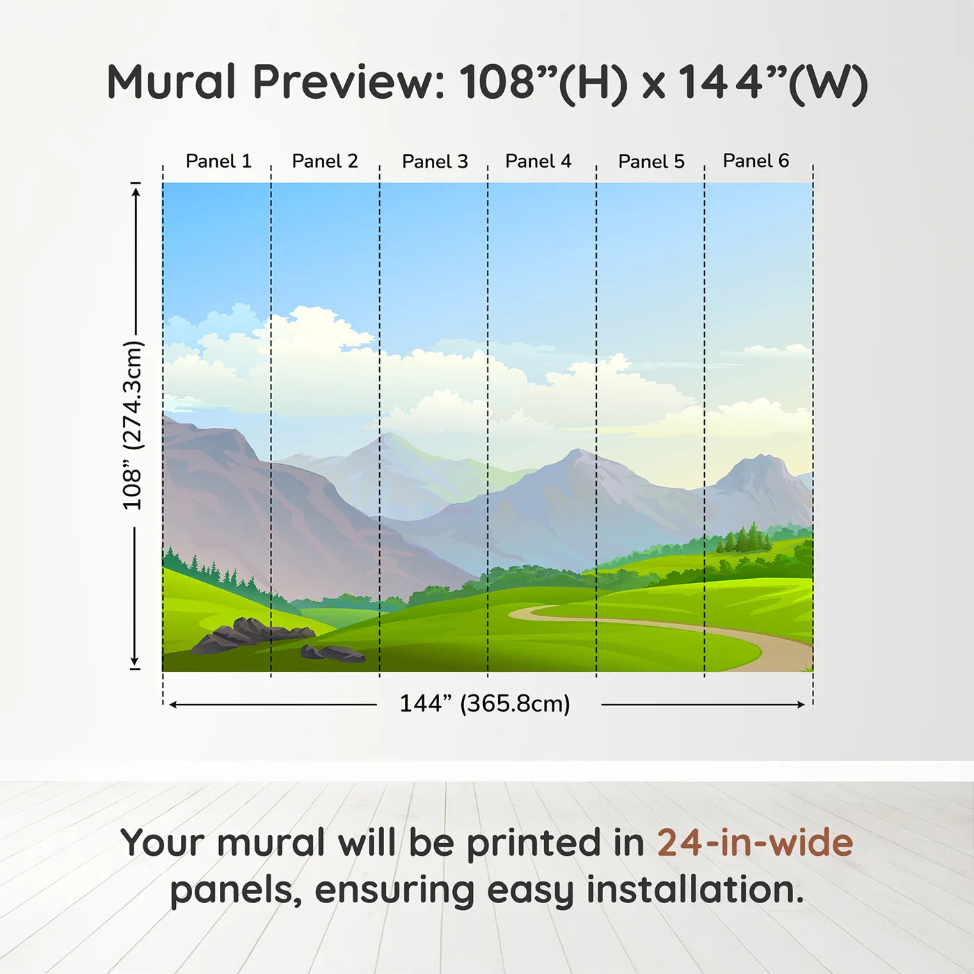 Whimsy Tots Rolling Hills Journey Wall Muraldimension view (108" H x 144" W). Printed in six 24-inch-wide panels. Gender-Neutral