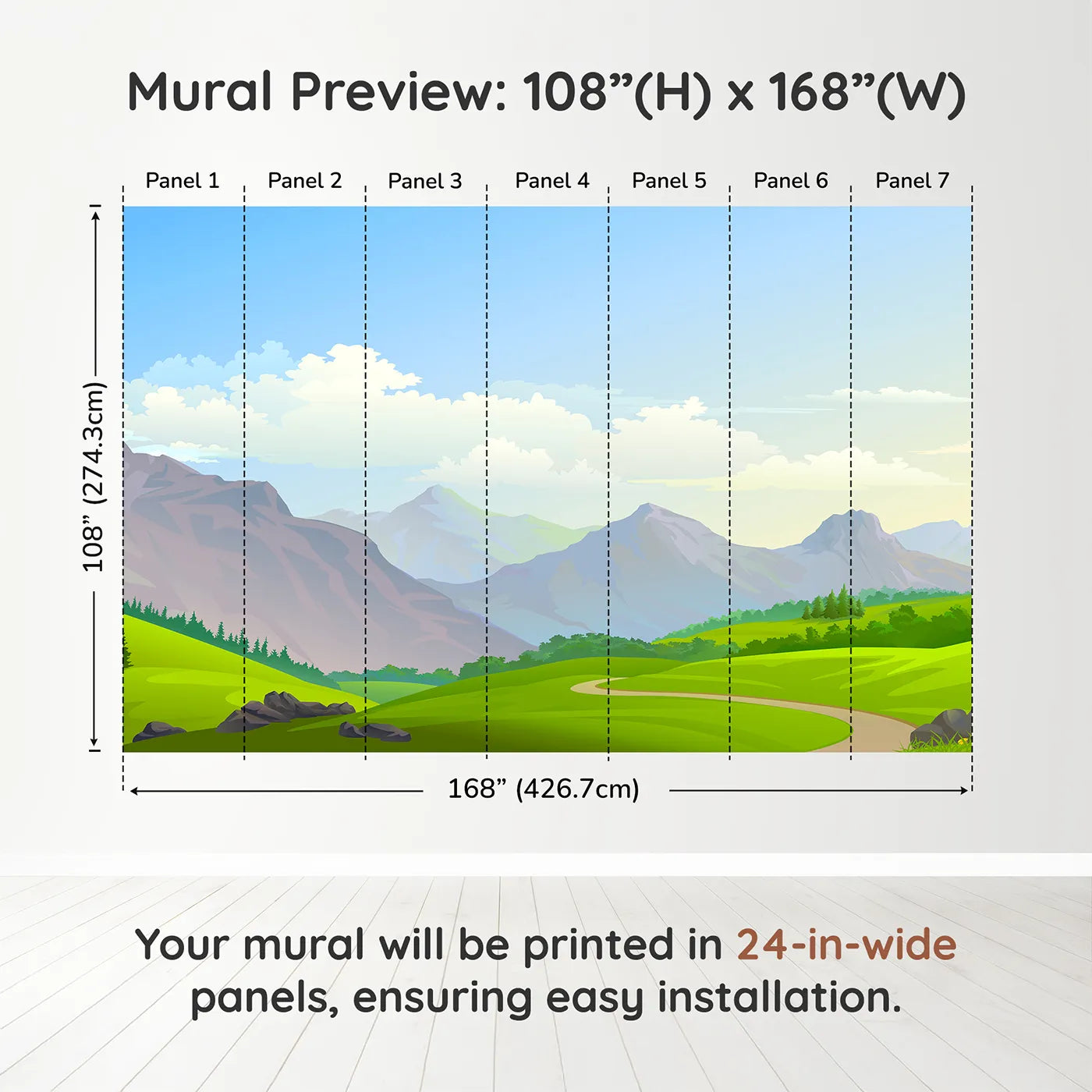Whimsy Tots Rolling Hills Journey Wall Muraldimension view (108" H x 168" W). Printed in seven 24-inch-wide panels. Gender-Neutral