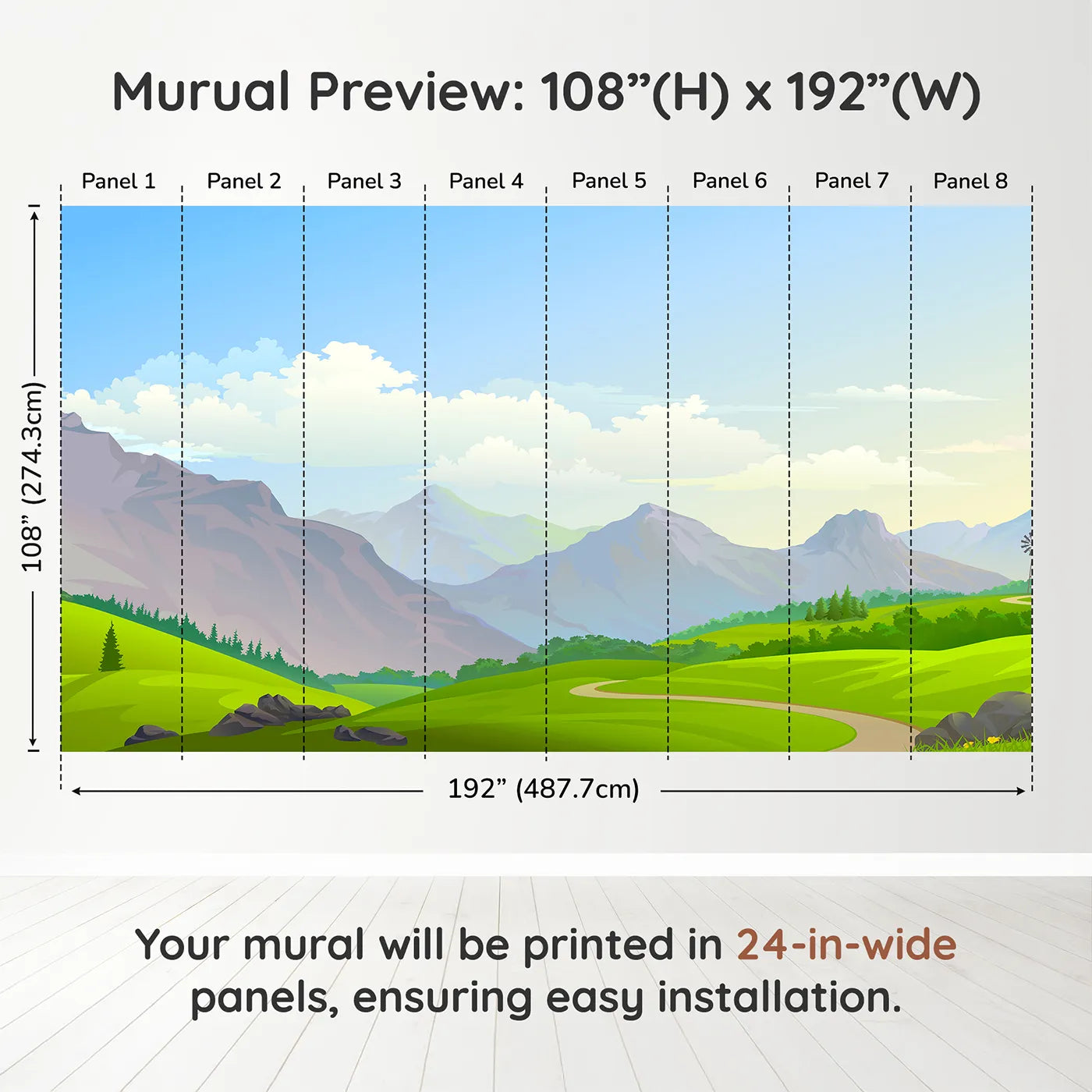 Whimsy Tots Rolling Hills Journey Wall Muraldimension view (108" H x 192" W). Printed in eight 24-inch-wide panels. Gender-Neutral