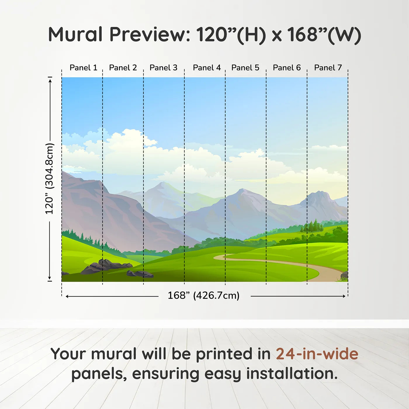 Whimsy Tots Rolling Hills Journey Wall Muraldimension view (120" H x 168" W). Printed in seven 24-inch-wide panels. Gender-Neutral