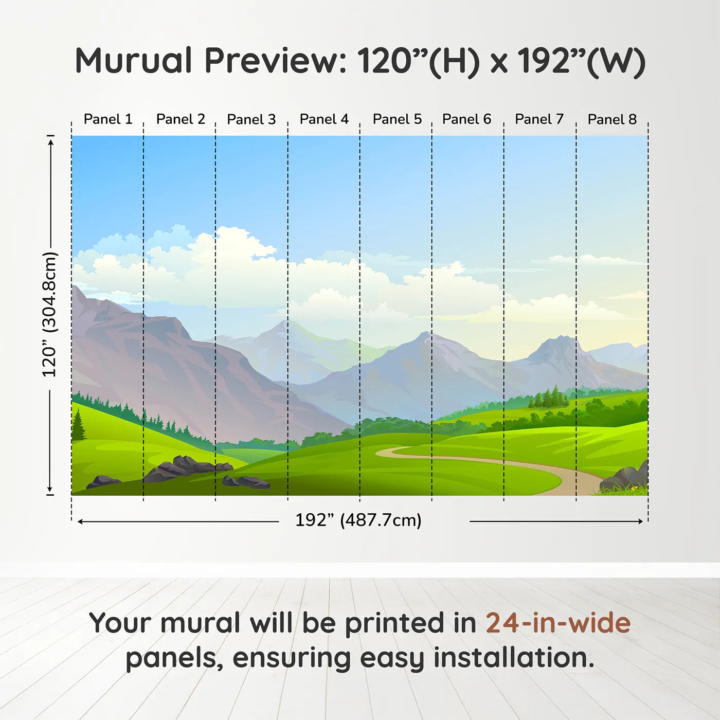 Whimsy Tots Rolling Hills Journey Wall Muraldimension view (120" H x 192" W). Printed in eight 24-inch-wide panels. Gender-Neutral