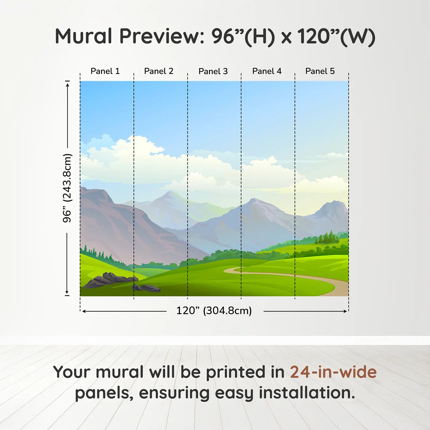 Whimsy Tots Rolling Hills Journey Wall Muraldimension view (96" H x 120" W). Printed in five 24-inch-wide panels. Gender-Neutral