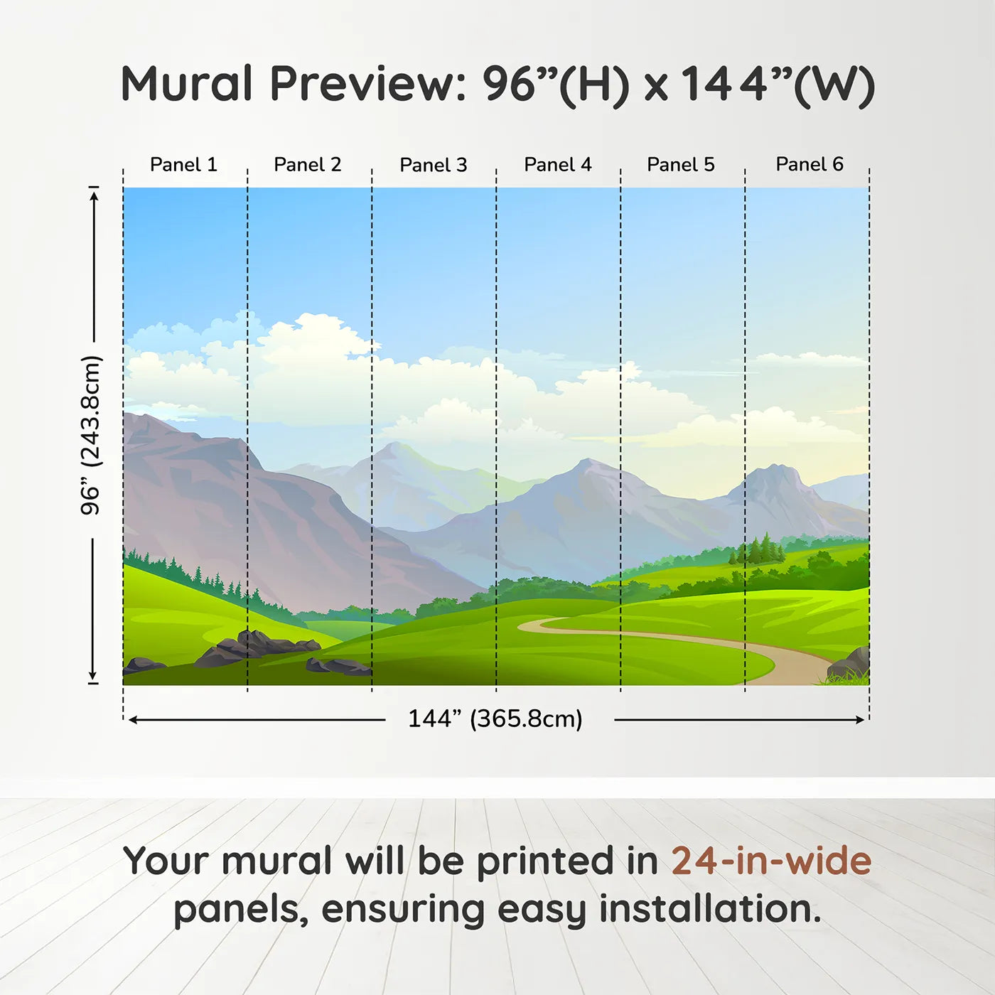 Whimsy Tots Rolling Hills Journey Wall Muraldimension view (96" H x 144" W). Printed in six 24-inch-wide panels. Gender-Neutral