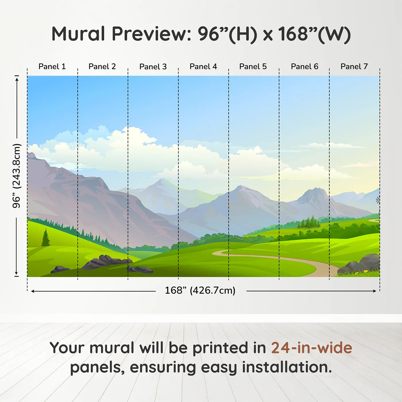 Whimsy Tots Rolling Hills Journey Wall Muraldimension view (96" H x 168" W). Printed in seven 24-inch-wide panels. Gender-Neutral