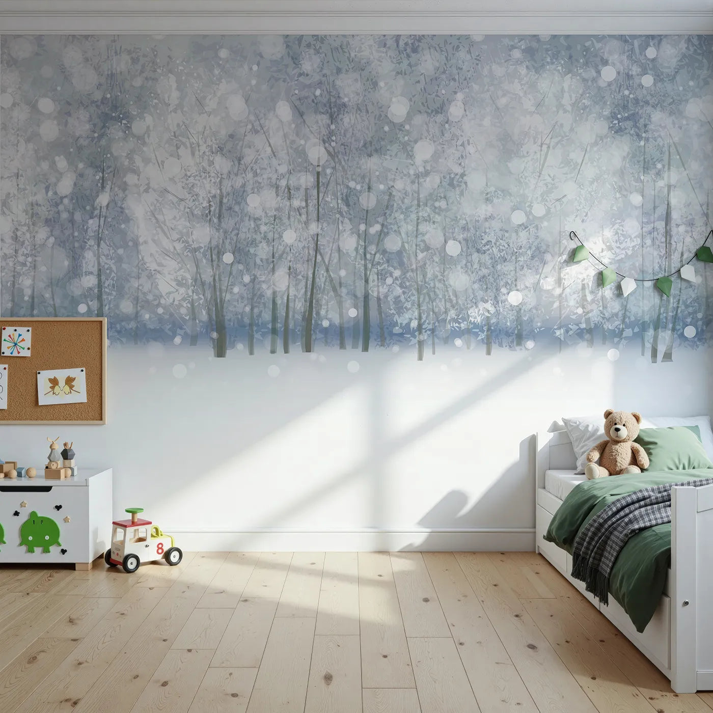 Front view of Whimsy Tots' Enchanted Winter Woods Wall Mural