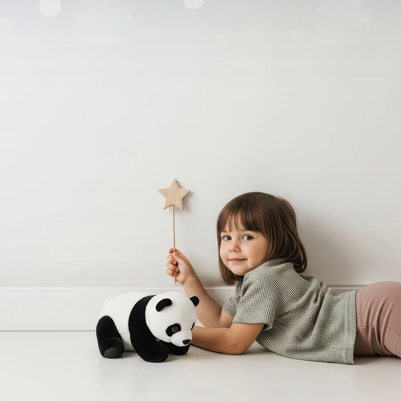 Child in front of Whimsy Tots Enchanted Winter Woods Wall Mural with winter, snow, forest, tree, sparkle, light, woods, magical in design.