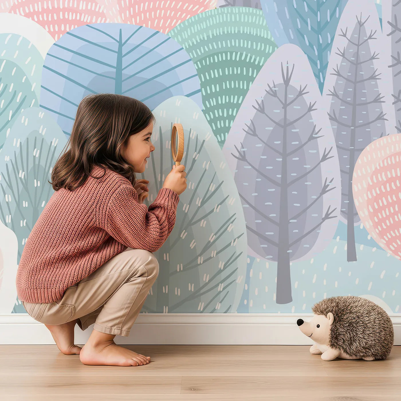 Child in front of Whimsy Tots Pastel Winter Woods Wall Mural with forest, tree, woods, pastel, pink, blue, winter, cartoon in design.