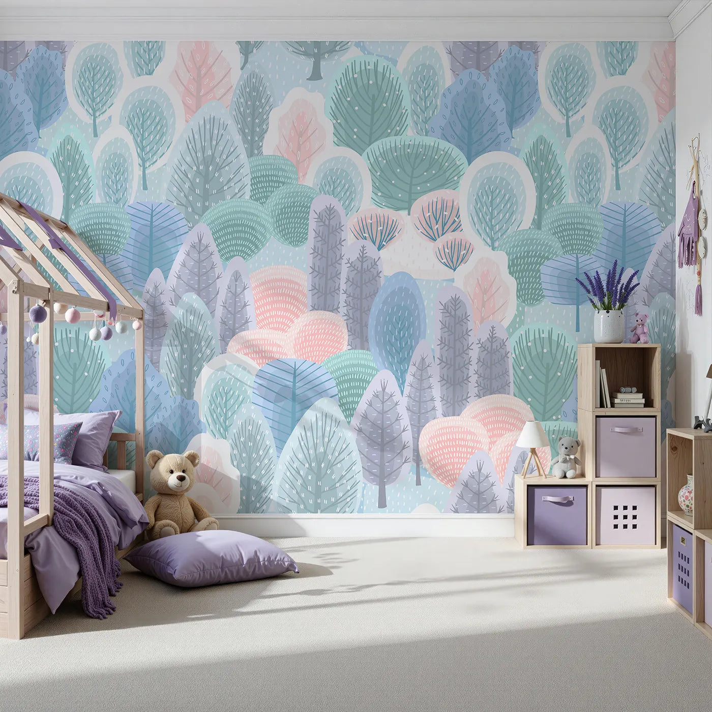 Front view of Whimsy Tots' Pastel Winter Woods Wall Mural