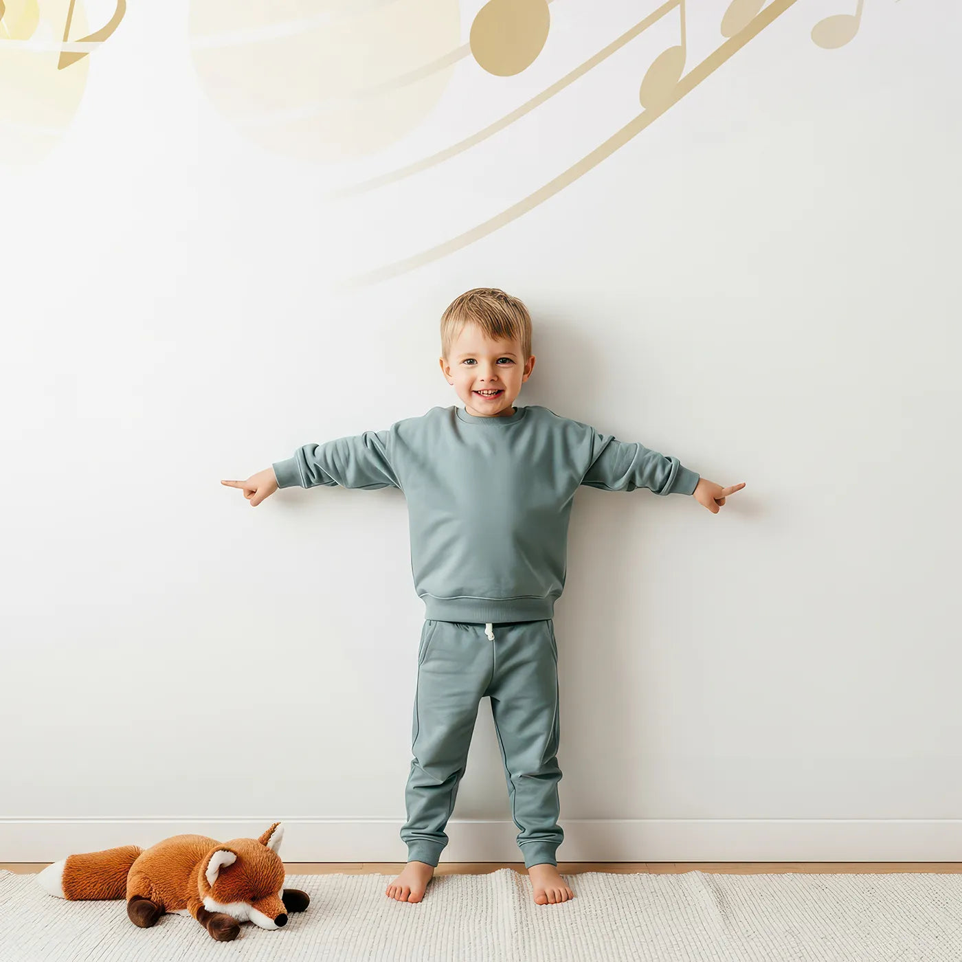 Child in front of Whimsy Tots Golden Music Sparkle Wall Mural with music, note, gold, sparkle, light, glitter, yellow, abstract in design.