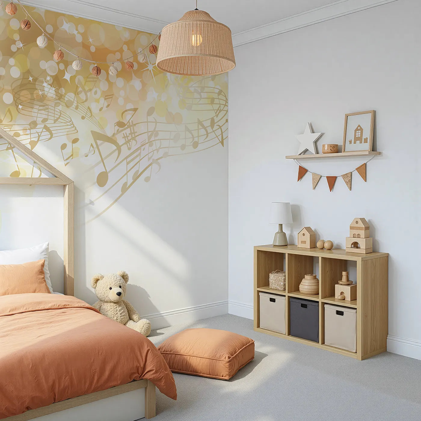 Angled view of Whimsy Tots' Golden Music Sparkle Wall Mural (Turn Their Room into a Magical, Sparkling Concert).Gender-Neutral