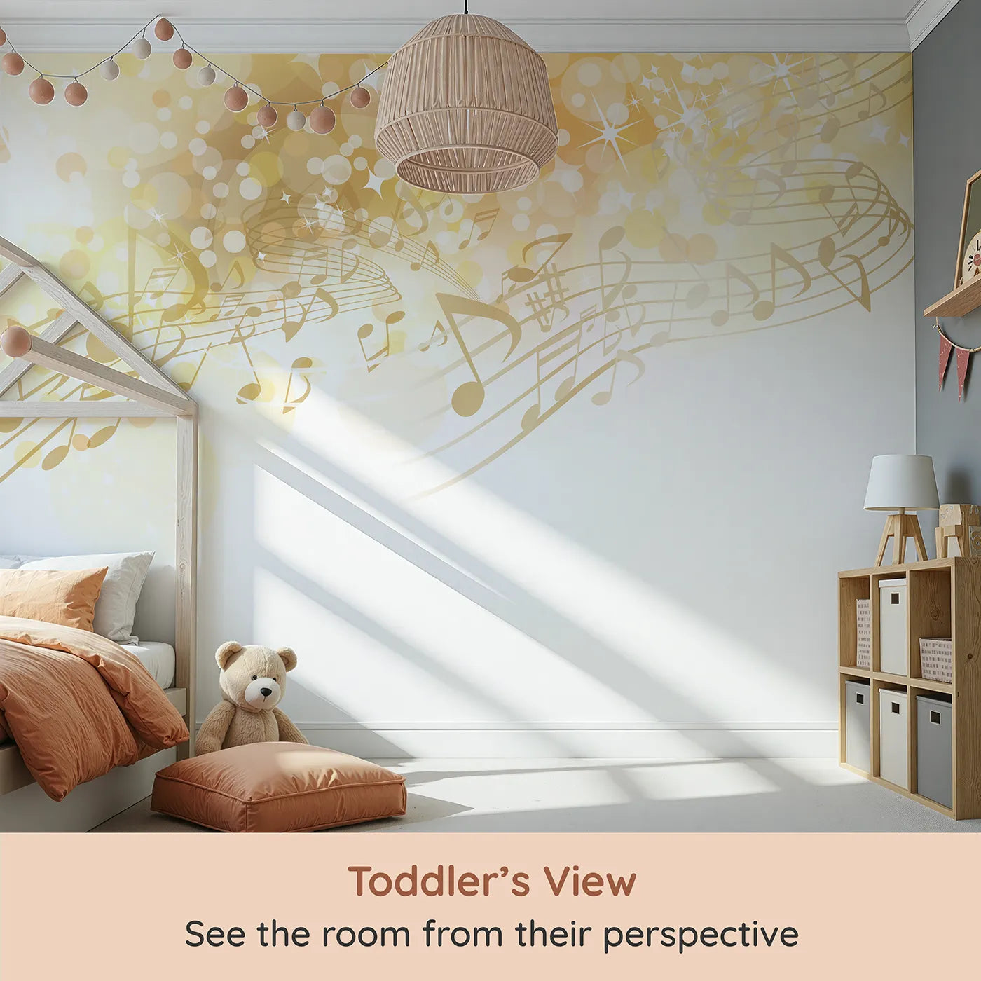 Whimsy Tots Golden Music Sparkle Wall Mural (Turn Their Room into a Magical, Sparkling Concert) from your child's view.Gender-Neutral