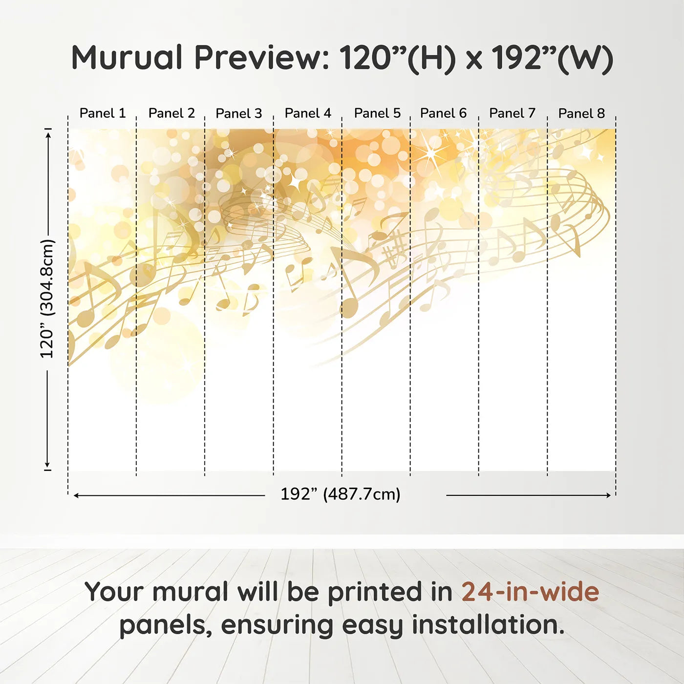 Whimsy Tots Golden Music Sparkle Wall Muraldimension view (120" H x 192" W). Printed in eight 24-inch-wide panels. Gender-Neutral