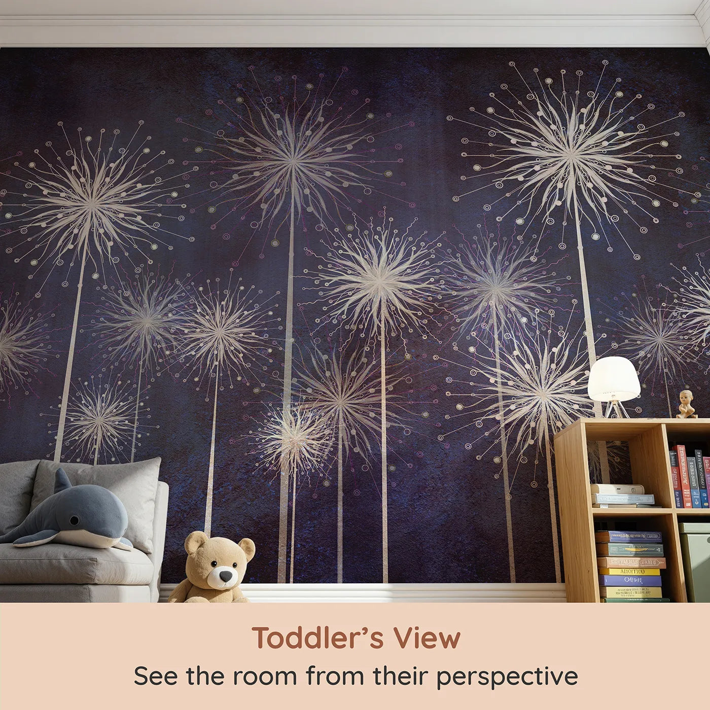 Whimsy Tots Cosmic Dandelions Wall Mural (Turn Their Room into a Field of Starlit Wishes) from your child's view.Gender-Neutral