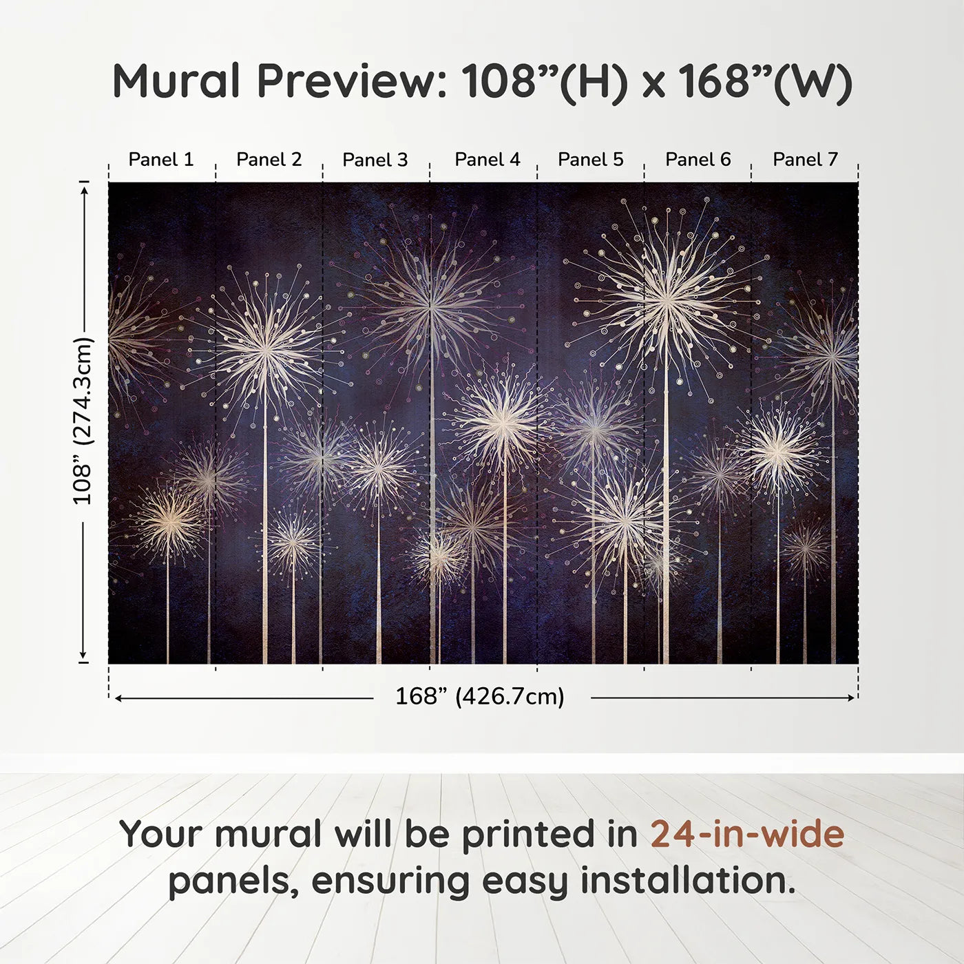 Whimsy Tots Cosmic Dandelions Wall Muraldimension view (108" H x 168" W). Printed in seven 24-inch-wide panels. Gender-Neutral