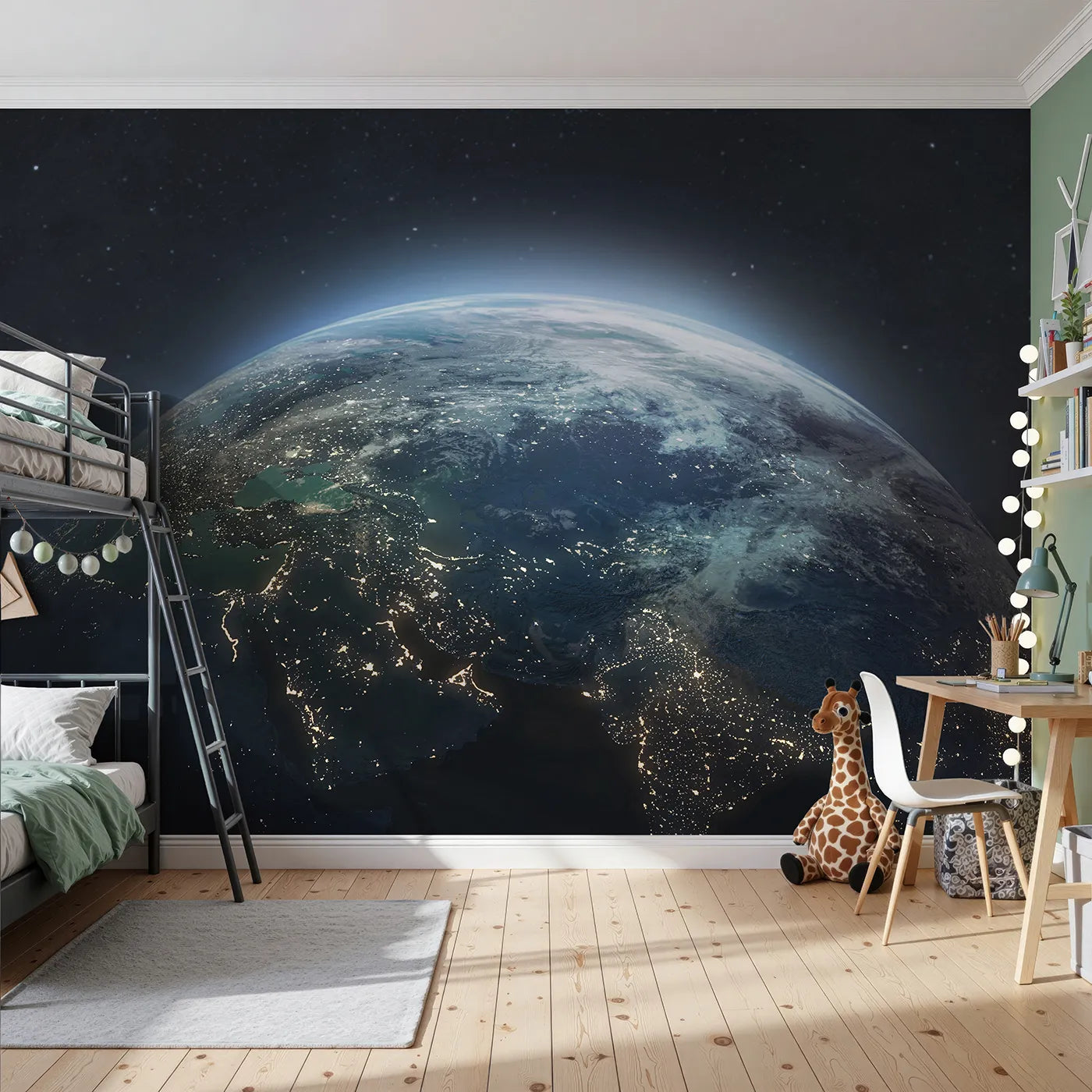 Front view of Whimsy Tots' Earth at Night Wall Mural