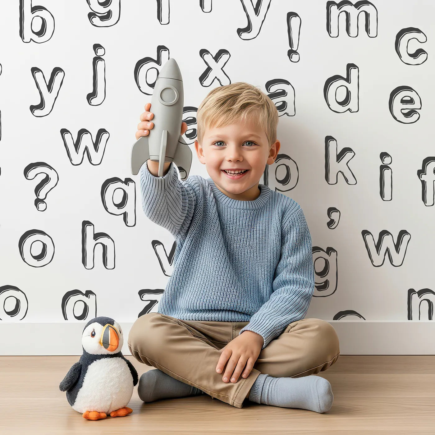 Child in front of Whimsy Tots Alphabet Scatter Wall Mural with alphabet, letter, abc, typography, black and white, pattern, learn in design.