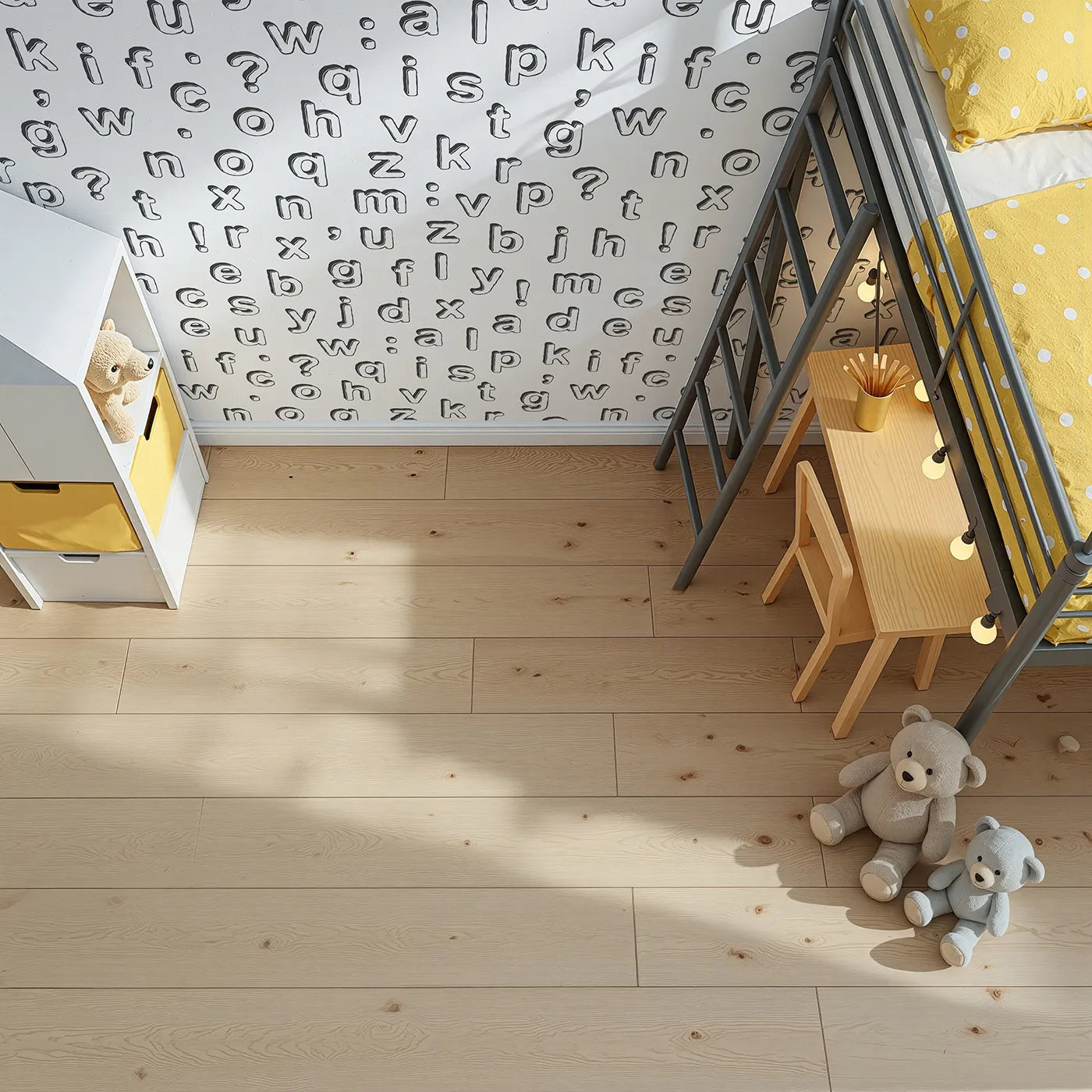 Top-down view of Whimsy Tots' Alphabet Scatter Wall Mural (Turn Their Room into a Fun Field of Letters).Gender-Neutral