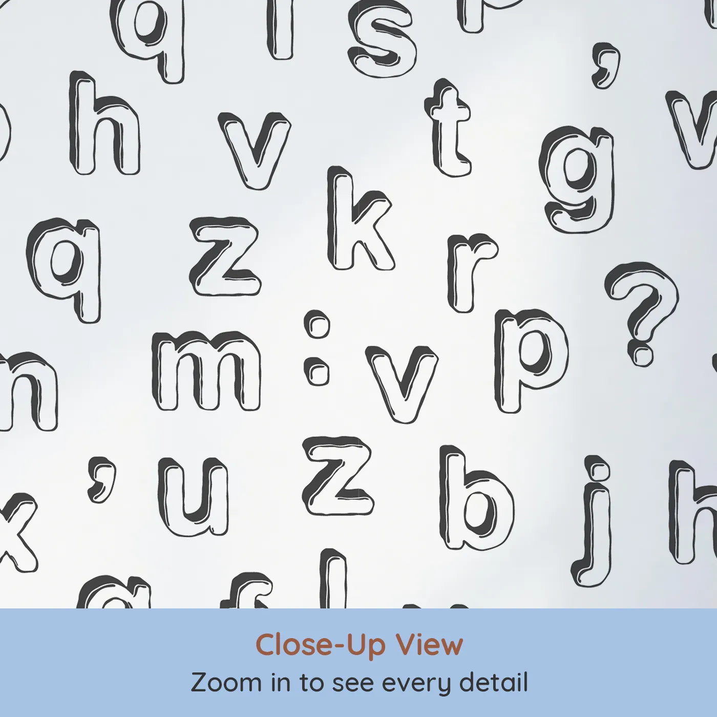 Close-up view of Whimsy Tots' Alphabet Scatter Wall Mural (Turn Their Room into a Fun Field of Letters).Gender-Neutral